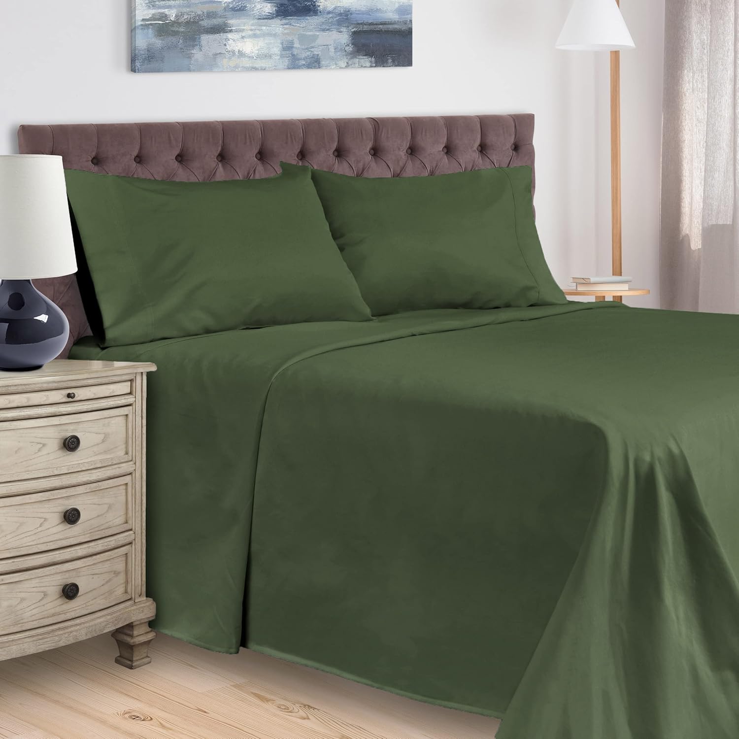 Superior Egyptian Cotton 400 Thread Count Bed Sheet Set, 1 Elastic Deep Pocket Fitted Sheet, 1 Flat Sheet, 2 Pillowcases, Soft Bedding, Luxury Sheets, Sateen Weave, Olympic Queen Size, Hunter Green