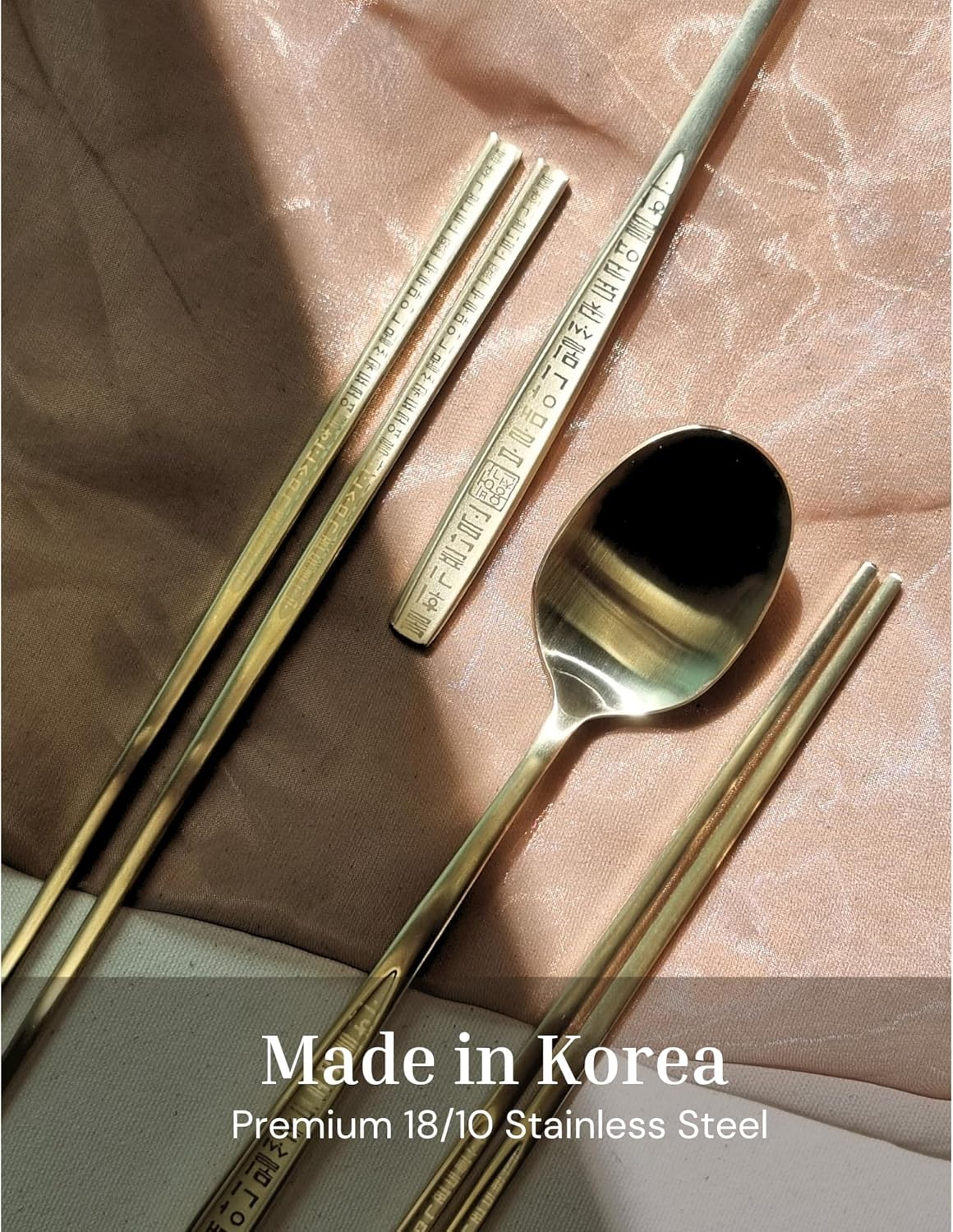 ONGI Korean Spoon and Chopstick 1 Set – Premium 18/10 Titanium Gold – Hangul Design – Gift-Ready – Made in Korea – Dishwasher Safe (Yongbi Gold 2 Set)