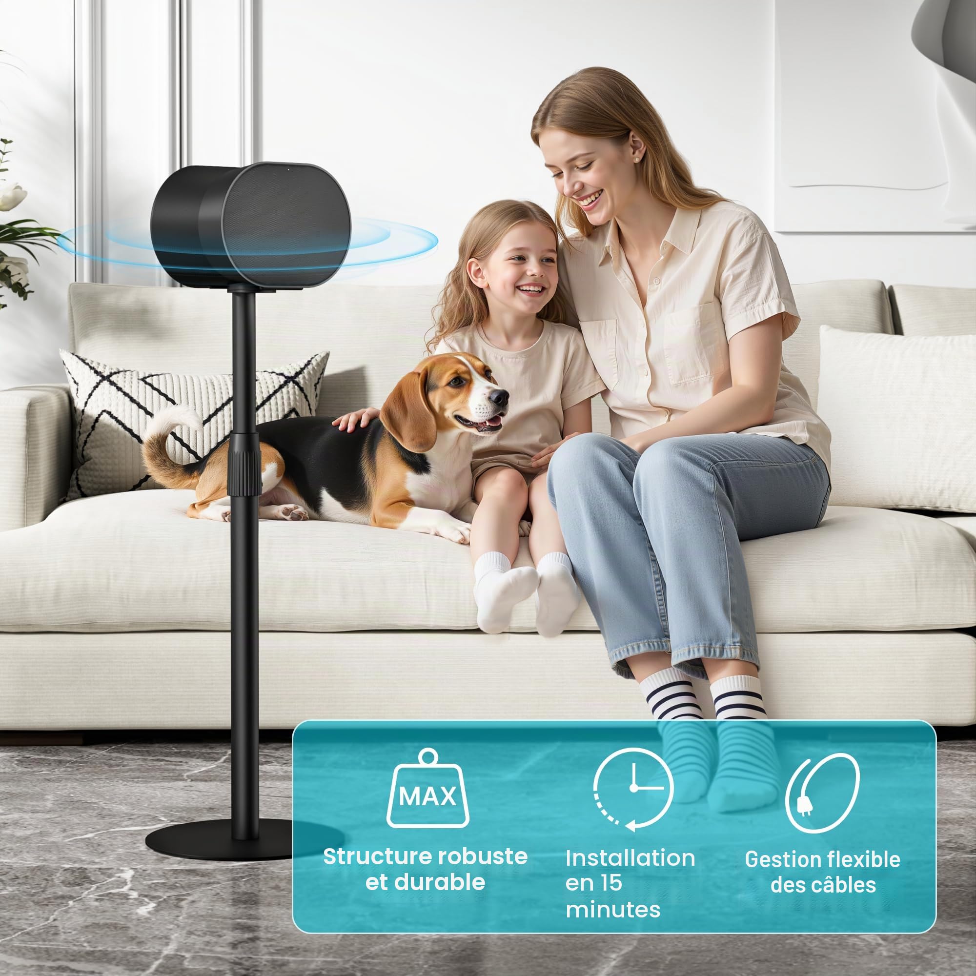PEGZONE Lot de 2 supports d'enceintes réglables en hauteur, compatibles avec SONOS Era 300 et Era 100, jusqu'à 108 cm, avec gestion des câbles, support d'enceinte, capacité de charge de 5 kg, noirs