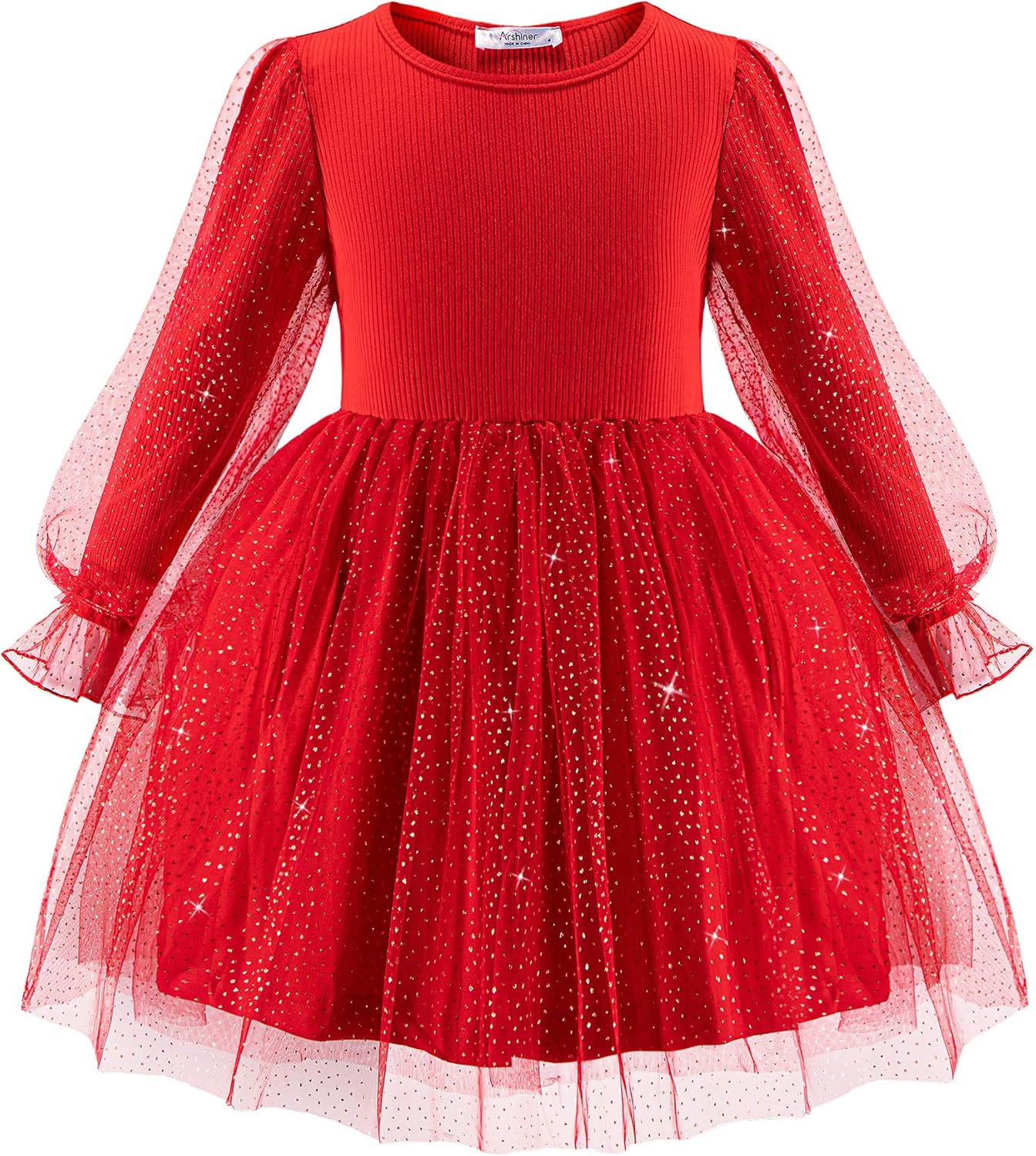 Arshiner Toddler Christmas Dress Girls Sequin Tulle Puff Long Sleeves Tutu Dress Princess Birthday Party Clothes 1-6T