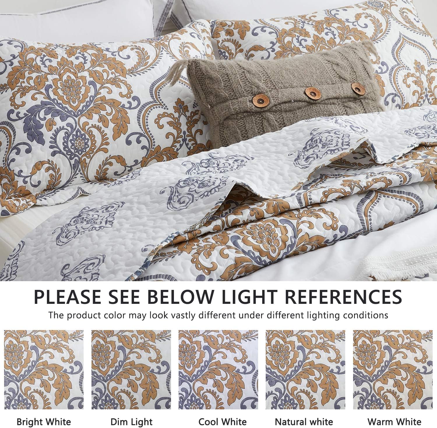 CHIXIN Oversized King Bedspread 128x120 Extra Wide - European Damask Paisley Pattern - Classic & Gorgeous Bedding Cover, Lightweight, Ultra Soft, 5 Piece, 100% Microfiber, White/Khaki/Grey - Image 4