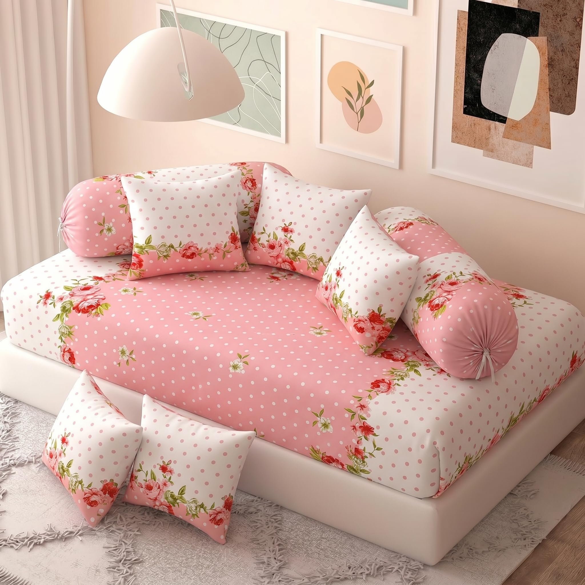 Filymore Floral 8 Piece Diwan Set for Living Room, 240 TC Soft Microfiber Bedsheet with 5 Cushion Covers & 2 Bolster Covers, Printed Home Furnishing, Pink & White (Pink)-picture-23