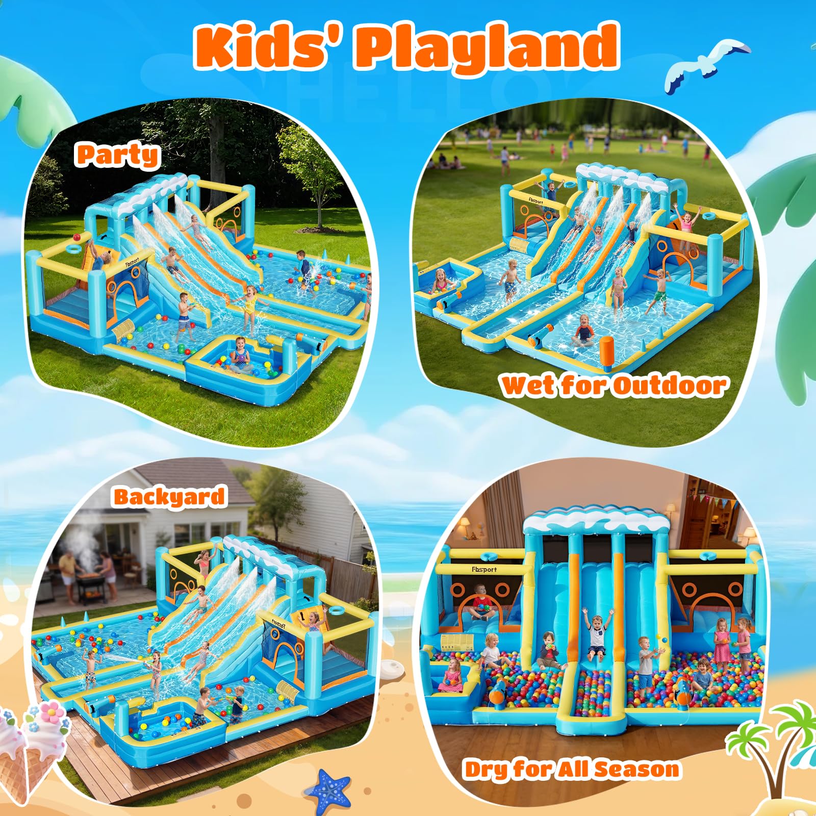 FBSPORT Hüpfburg & Wasserrutsche, 10-in-1 Wasserpark mit 3 Gleiten, 2 Sprungzonen & Kletterwand, 950W Gebläse, Gartenanlage mit Wasserwaffe, Planschbecken & Spielzubehör