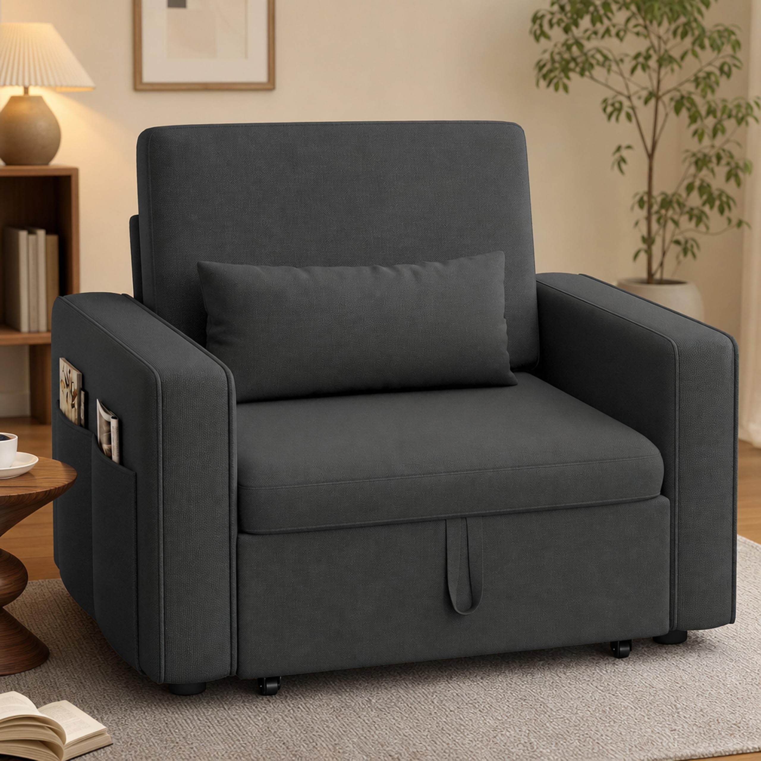 YITAHOME Schlafsofa 3-in-1, 192cm, 5-Stufig, Schlafsessel, Dunkelgrau | Mit Bettfunktion, Schlafcouch, 88cm, 160kg, Stahlrahmen, Leinen, Kissen & Tasche, Rollen, für Wohnzimmer & Gästezimmer
