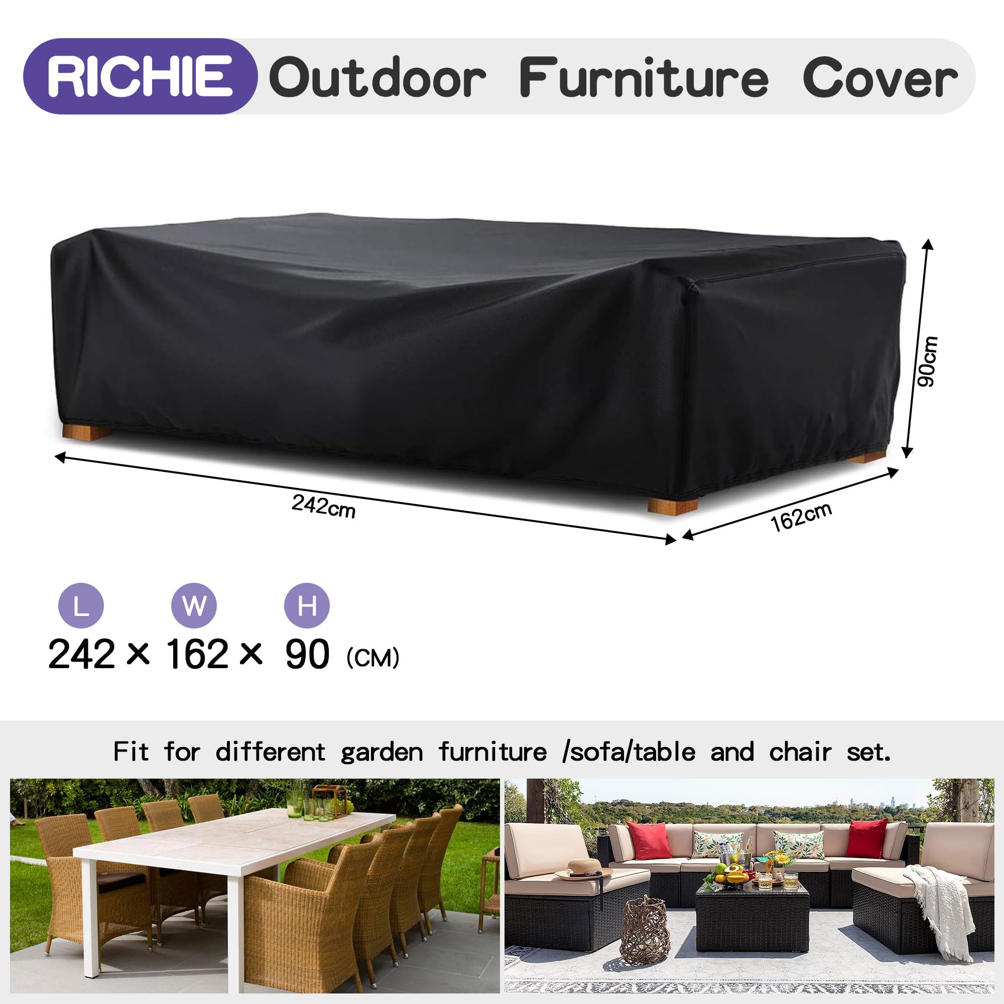 RICHIE Coperture per mobili da giardino impermeabili per tavolo da giardino da esterno, impermeabili, 242 x 162 x 90 cm, rettangolari, per tavolo e sedie da patio, nero