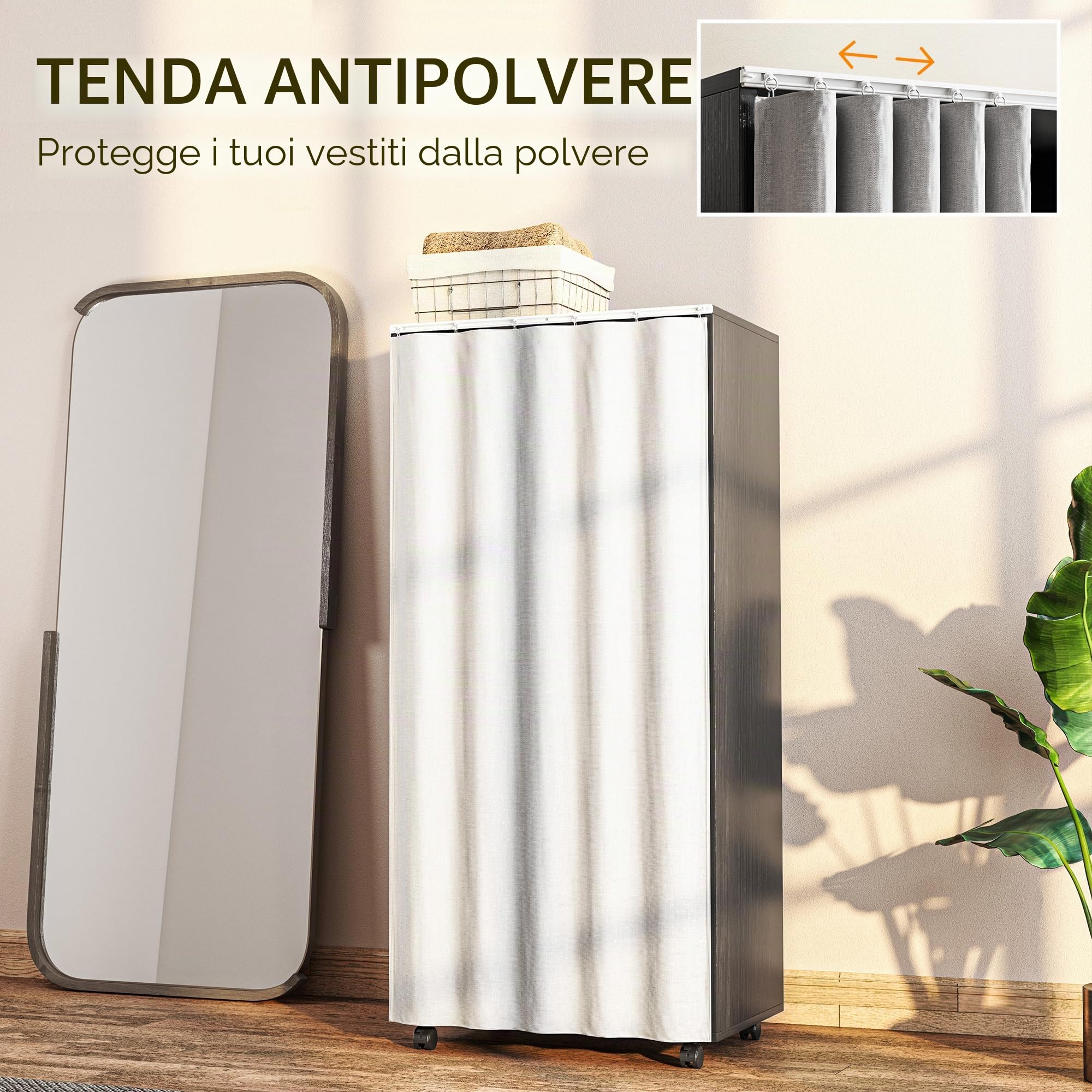HOMCOM Armadietto guardaroba mobile con tenda armadio a 4 ruote con asta di sospensione e mensole, guardaroba per camera da letto, 60 x 40 x 128 cm, nero