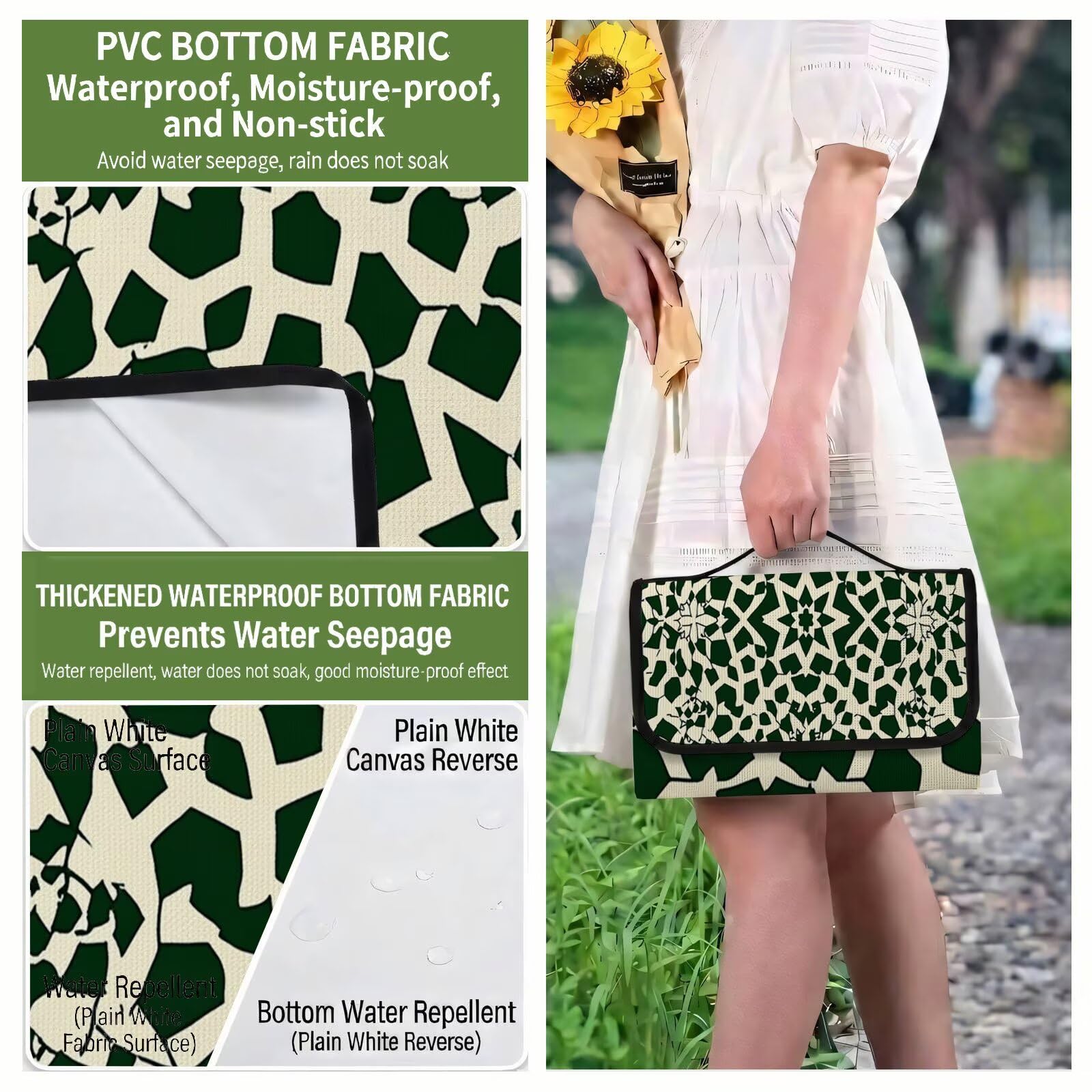 Coperta de Picnic 150x200 cm, Verde Manta Picnic Impermeable Anti-Sabbia Manta de Playa Pieghevole, Outdoor Picnic Blanket per Spiaggia, Camping, Giardino, Trekking - Datura (1) FZ-132