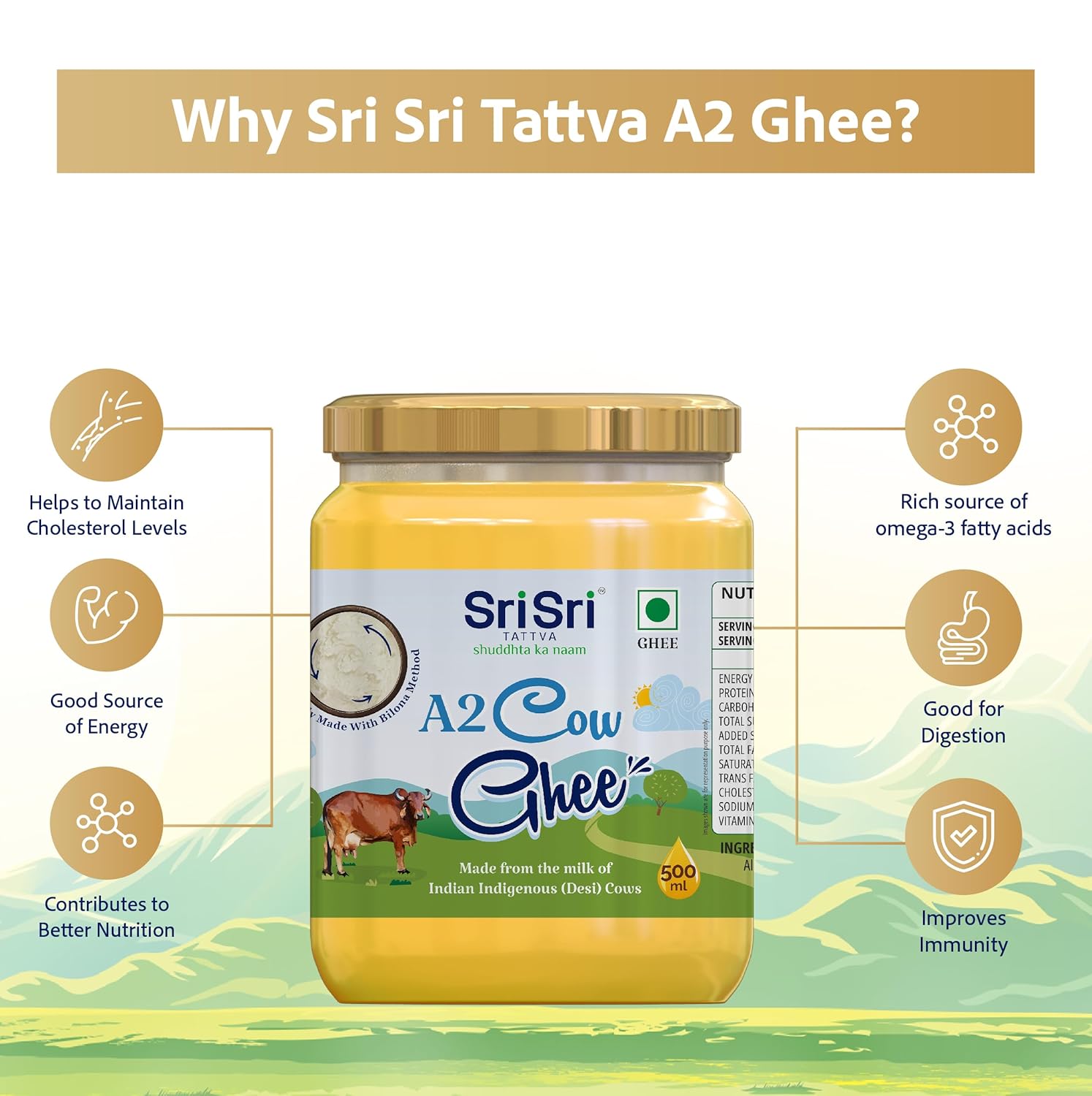 Sri Sri Tattva shuddhta ka naam - A2 Ghee 500 ml - A2 Desi Ghee for Better Digestion and Immunity