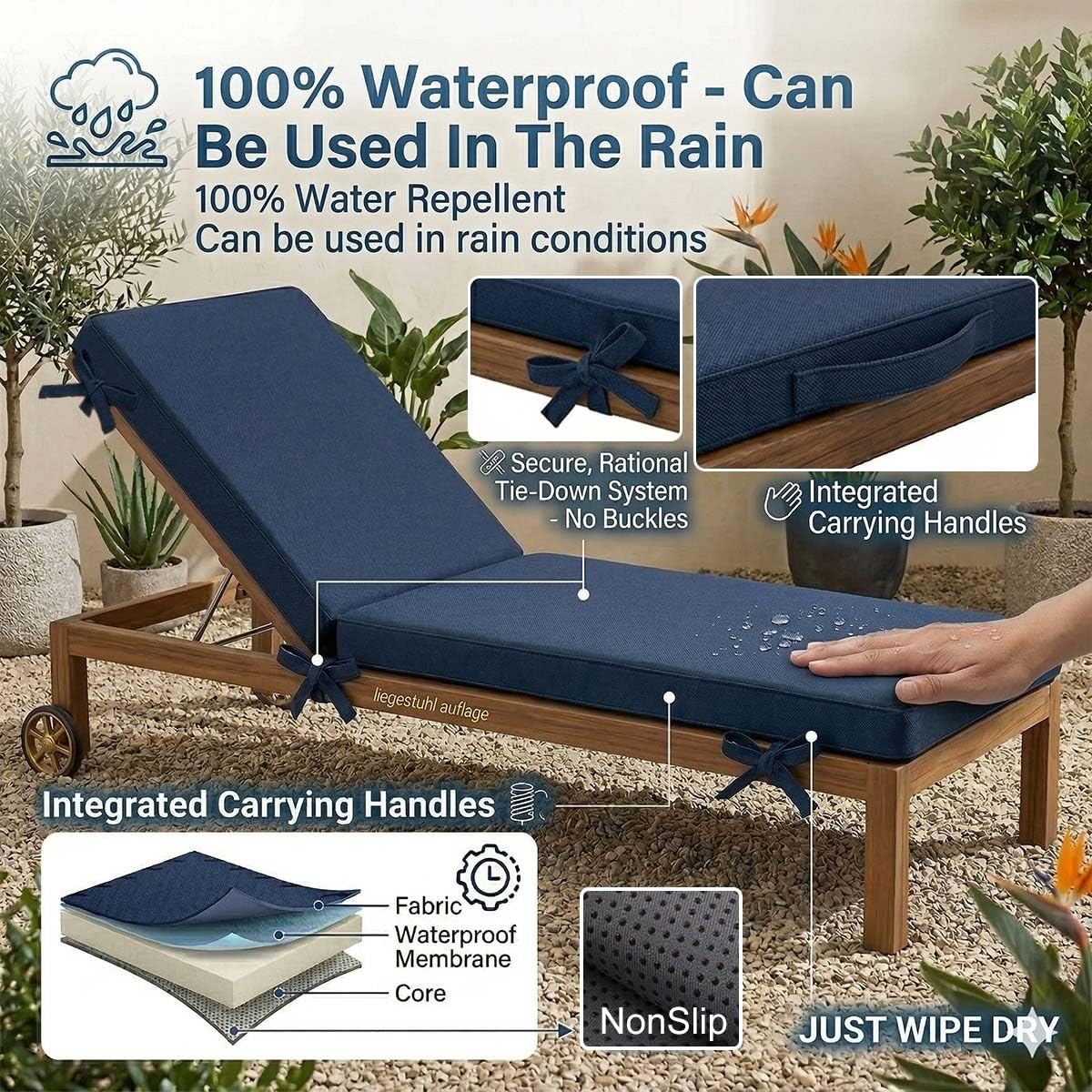Cuscino impermeabile da giardino, tappetino in schiuma spessa ad alta densità, base antiscivolo e 6 strati, manico portatile, cuscino da esterno, verde militare, 178 x 59 x 10 cm