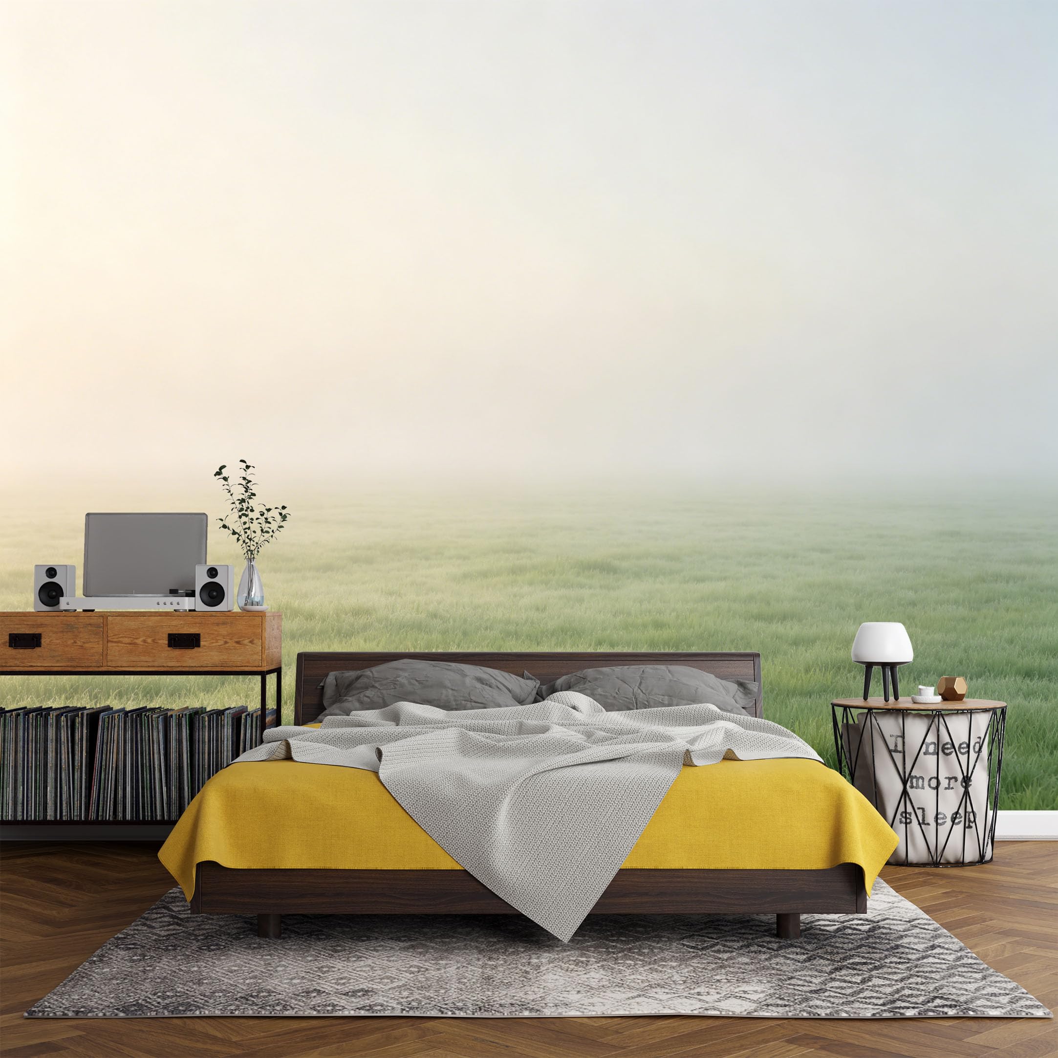 Custom Size Wall Mural， Minimalist Misty Meadow Morning Landscape Fog Nature Scene，SelfAdhesive Art Prints wall Fabric (No PVC) Removable Wallpaper Living Room Decor