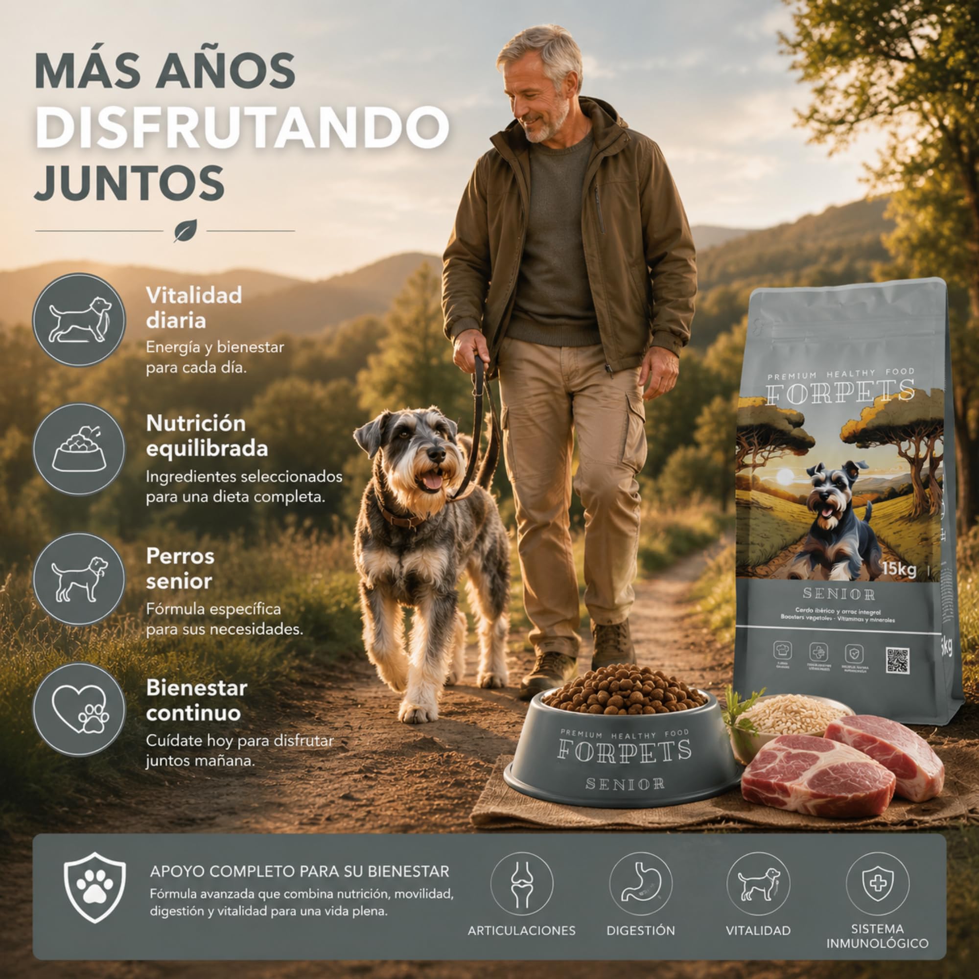 Pienso Senior para Perros Mayores 15 kg | Articulaciones con Glucosamina y Condroitina | Digestión Sensible, Piel Sensible | Razas Medianas y Grandes | Cerdo Ibérico y Sin Gluten | FORPETS