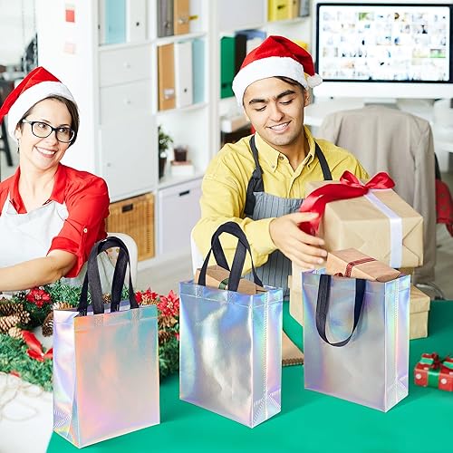 Miniatura 3 de BLEWINDZ 9 bolsas de regalo medianas iridiscentes con asas, bolsas de regalo holográficas reutilizables brillantes con pañuelos blancos, perfectas
