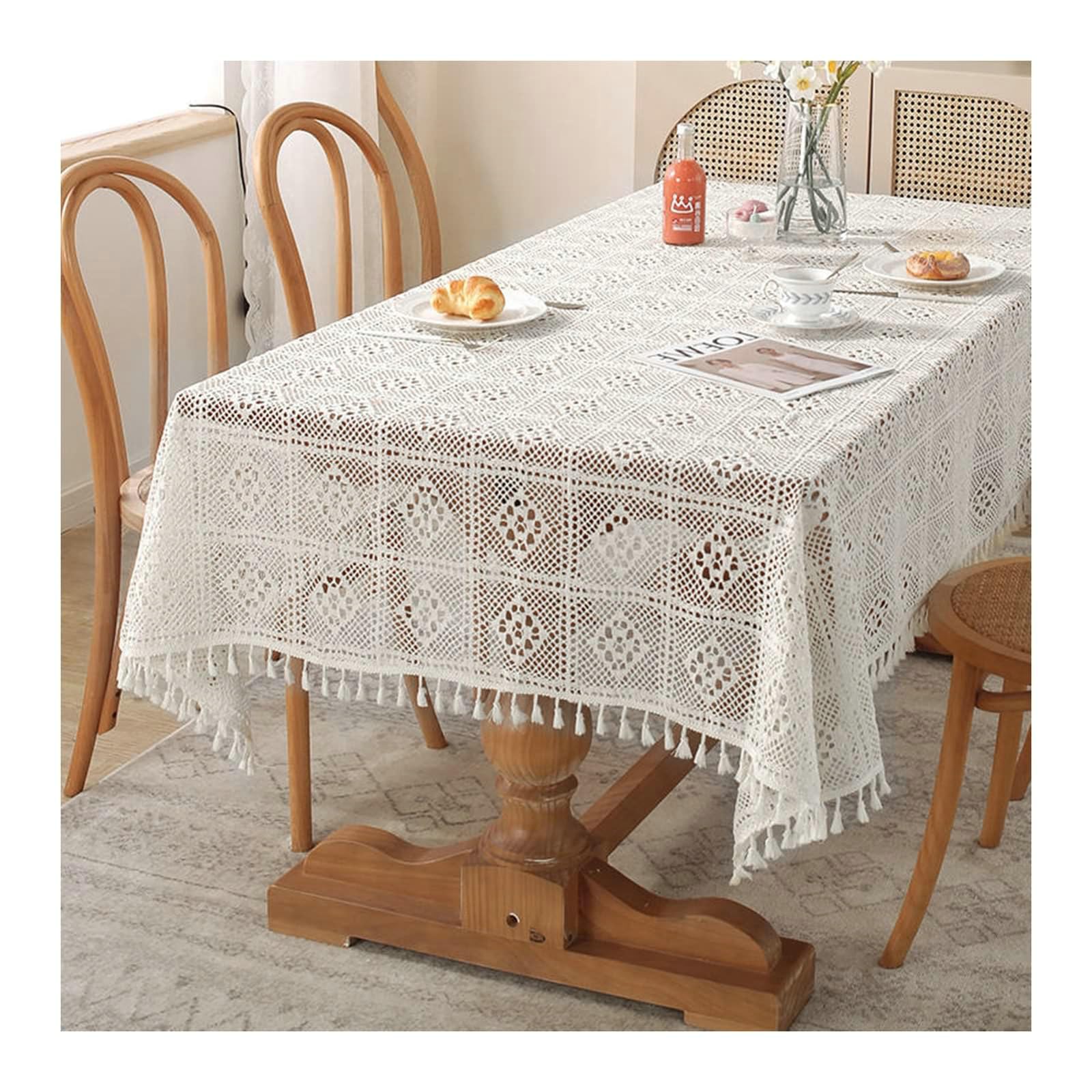 Gualiy Manteles Mesa Rectangular, Poliéster Algodón Manteles Mesa de Cocina 140x160CM Mantel Antimanchas Tejido Hueco con Borlas Mantel para Mesa de Salon, Blanco
