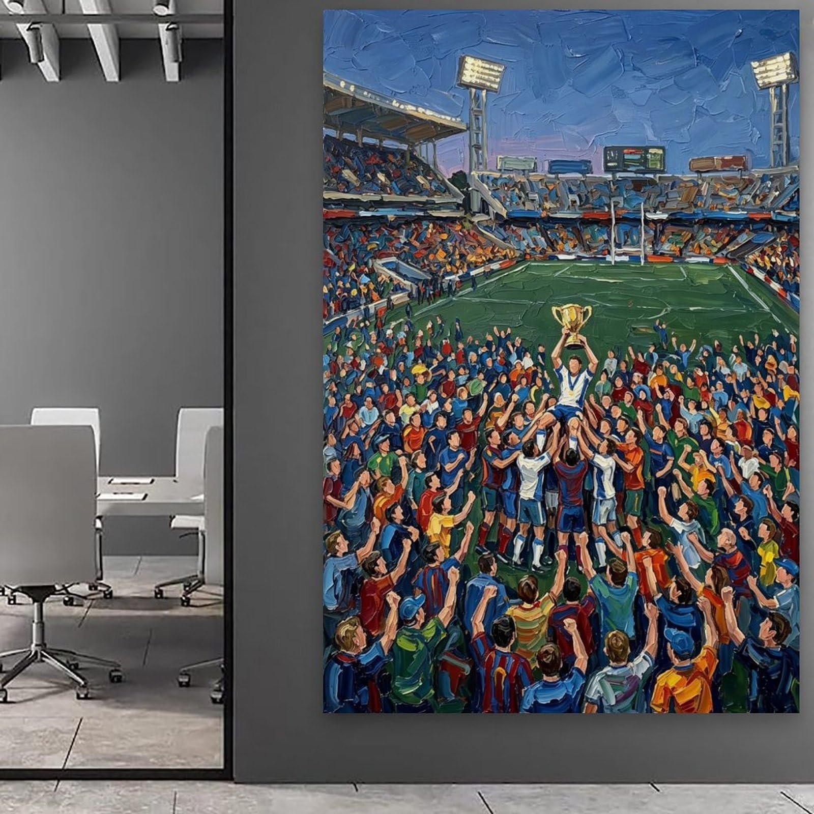 Poster su tela per celebrare la vittoria della squadra di calcio, pittura a olio Impasto, opera d'arte da parete per soggiorno, trofeo della squadra di calcio, decorazione da parete 40 x 60 cm