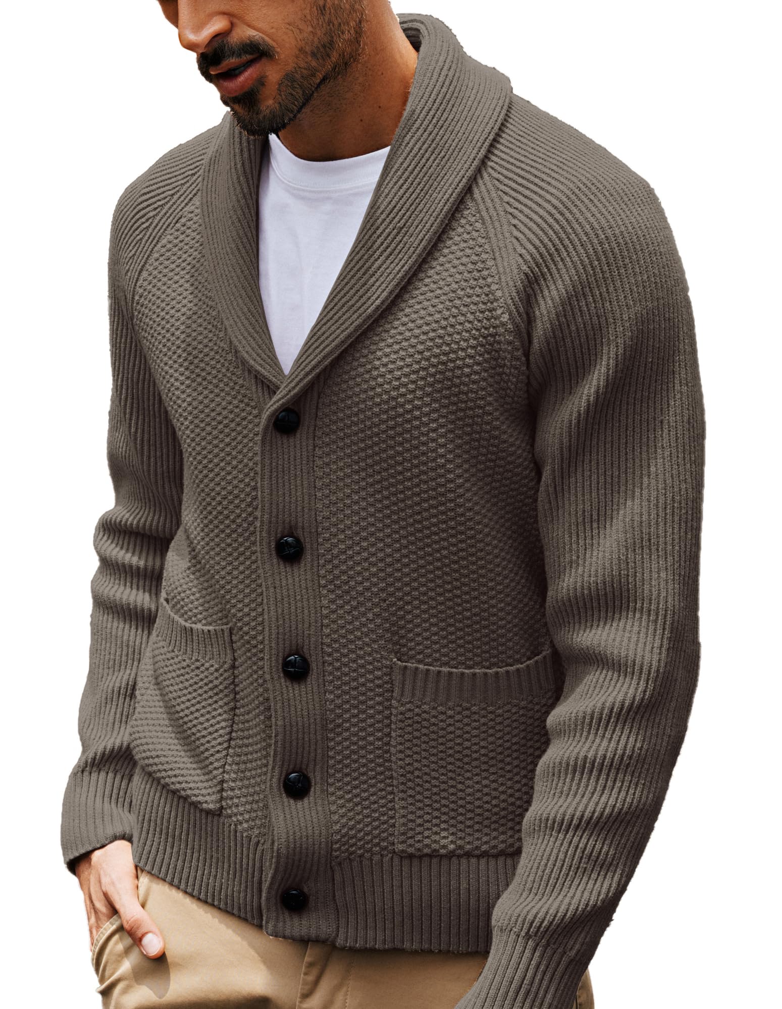 PJ PAUL JONES Cardigan da uomo con collo a scialle lavorato a maglia testurizzato con bottoni