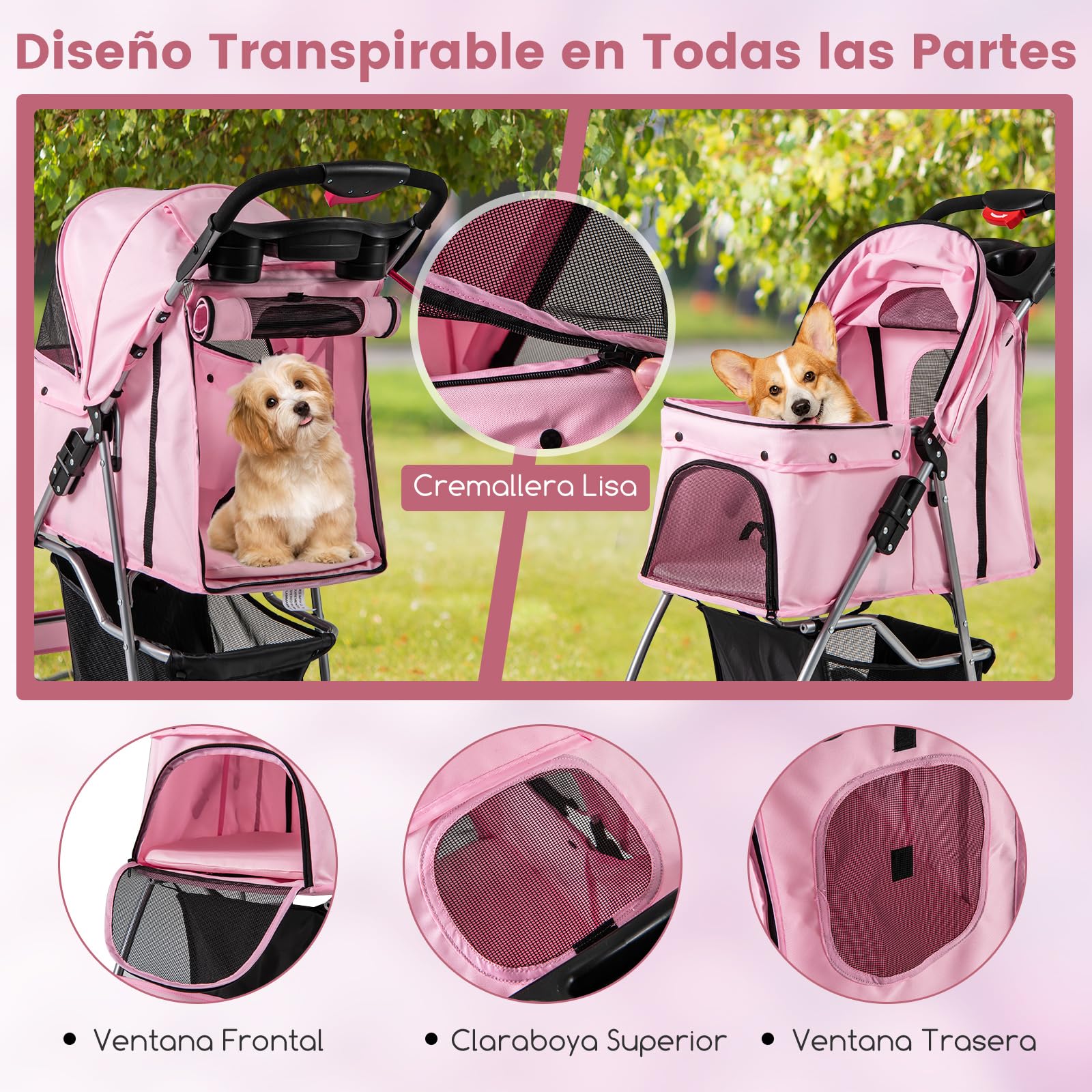 COSTWAY Cochecito para Mascotas Plegable, Cochecito de Mascotas de 4 Ruedas para Gatos/Perros, Carrito para Gatos con Cesta de Almacenamiento y Ventana de Malla impermeable (Rosado)