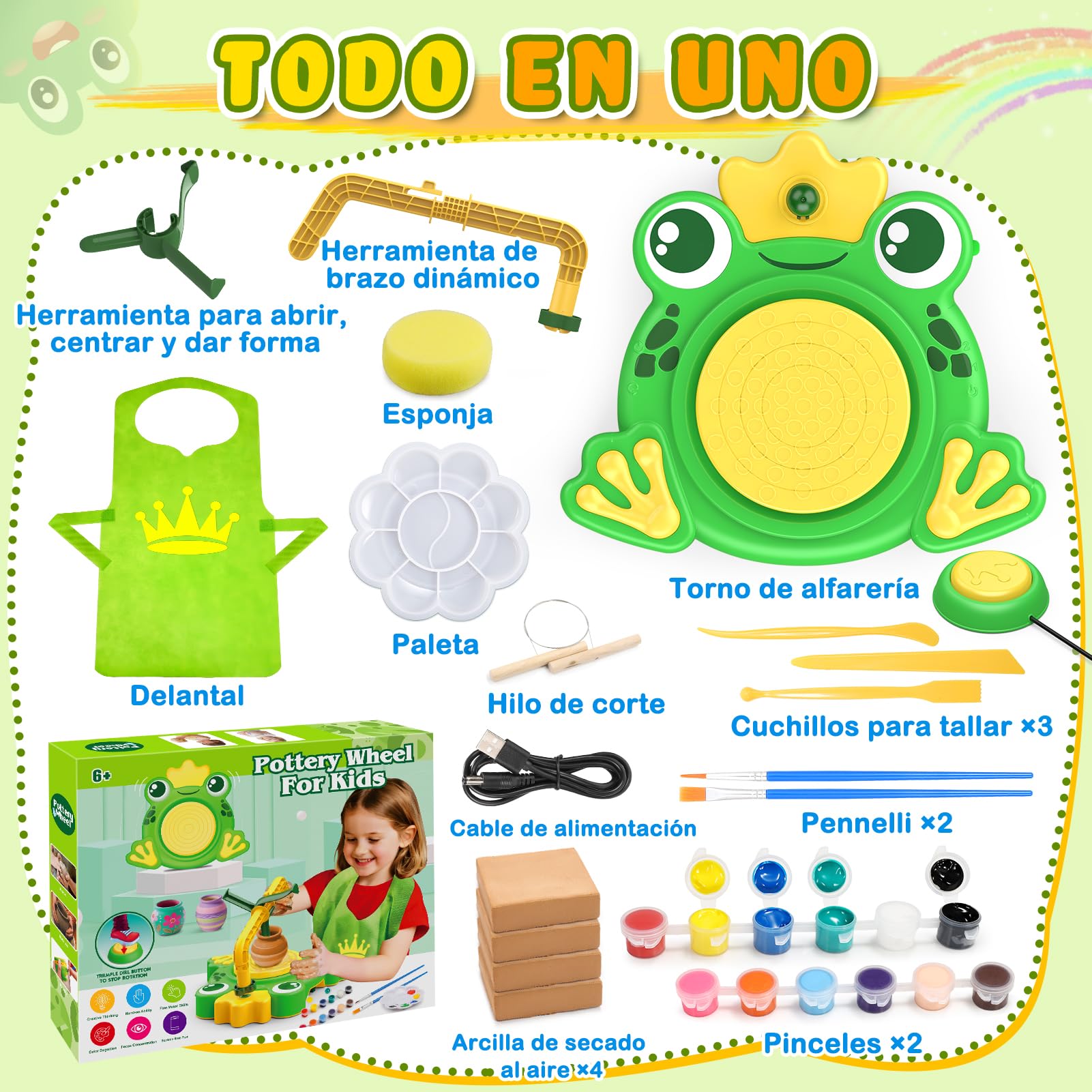 Naxudcoo Torno de Alfarería para Niños, Kit Manualidades Niños con Arcilla y Pinturas, Kit de Cerámica de Rana, Juguete Educativo de Manualidades, Regalo de Cumpleaños para Niñas 6+ Años