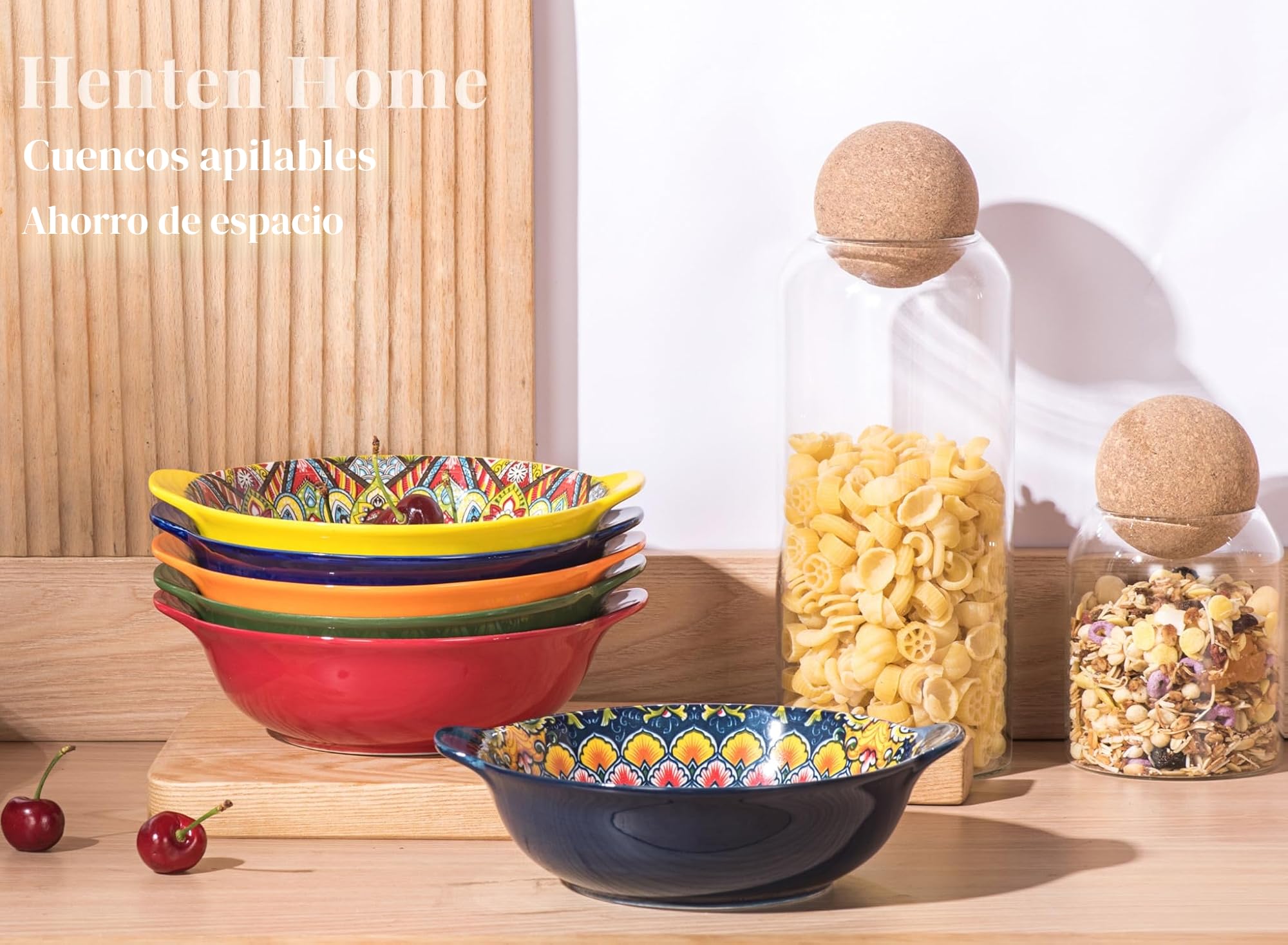 Henten Home Juego de 6 Cuencos con Asas, Platos para Ensalada, Cuencos Estilo Bohemio - 520 ml, Platos de Pasta de Cerámica para Pasta, Sopas, Ensaladas, Frutas