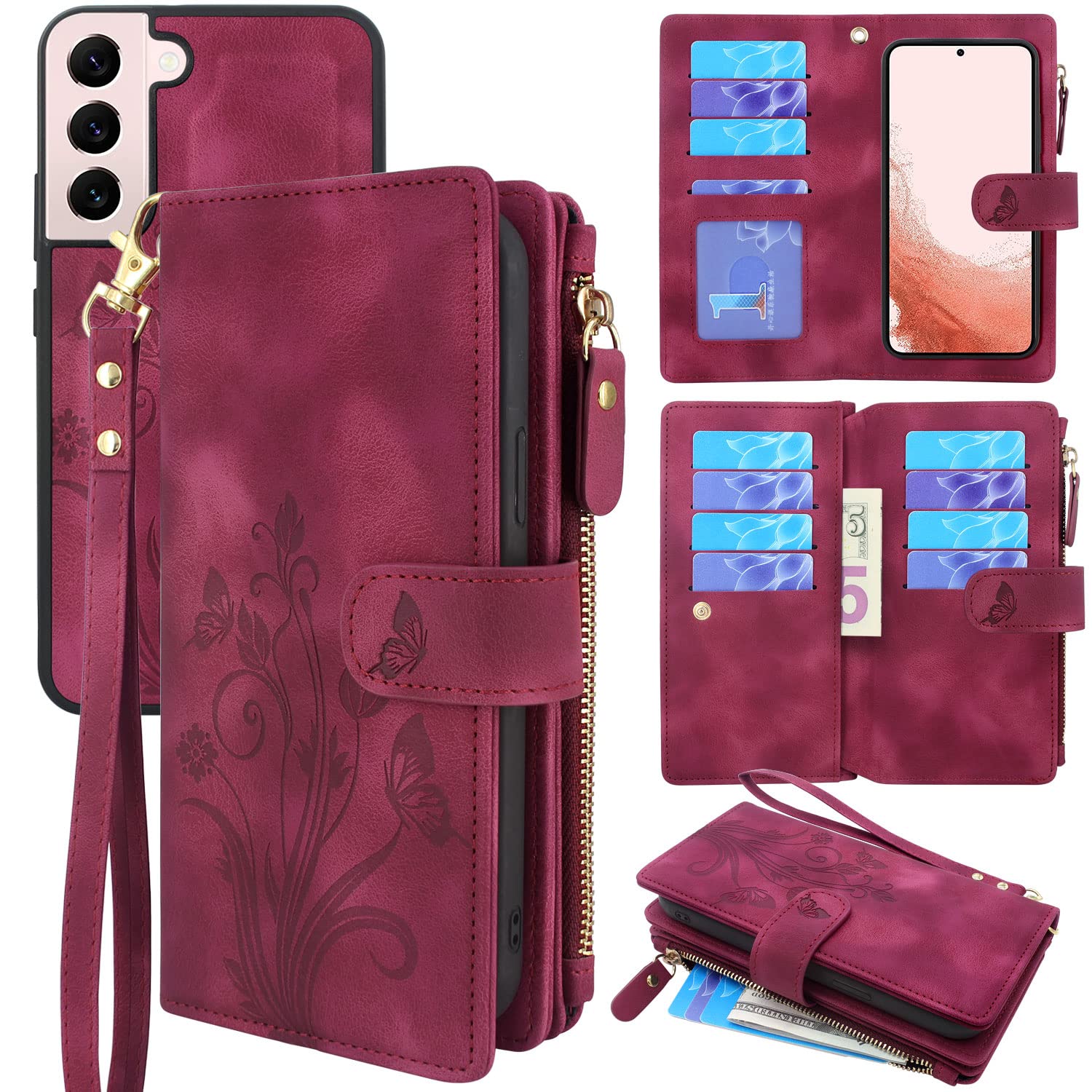 Lacass for Samsung Galaxy S22 Case [12 Card Slots] ID Credit Cash Holder Zipper Pocket Detachable Magnet Leather Wallet Cover Wrist Strap Lanyard Carrying Pouch(Floral Wine Red)