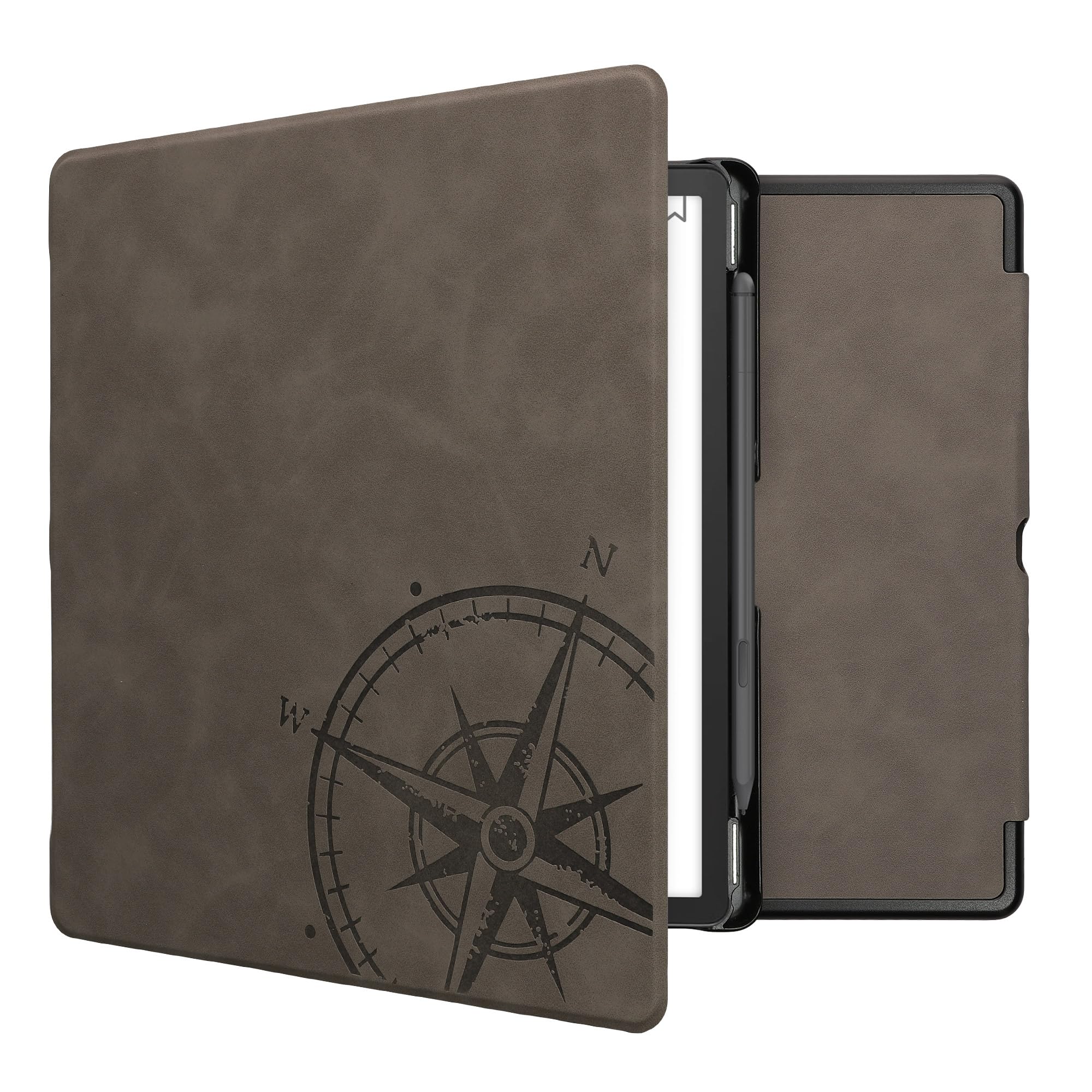 kwmobile Etui na czytnik e-booków kompatybilne z Amazon Kindle Scribe - Etui ze sztucznej skóry z podstawką - Kompas vintage w kolorze szarym