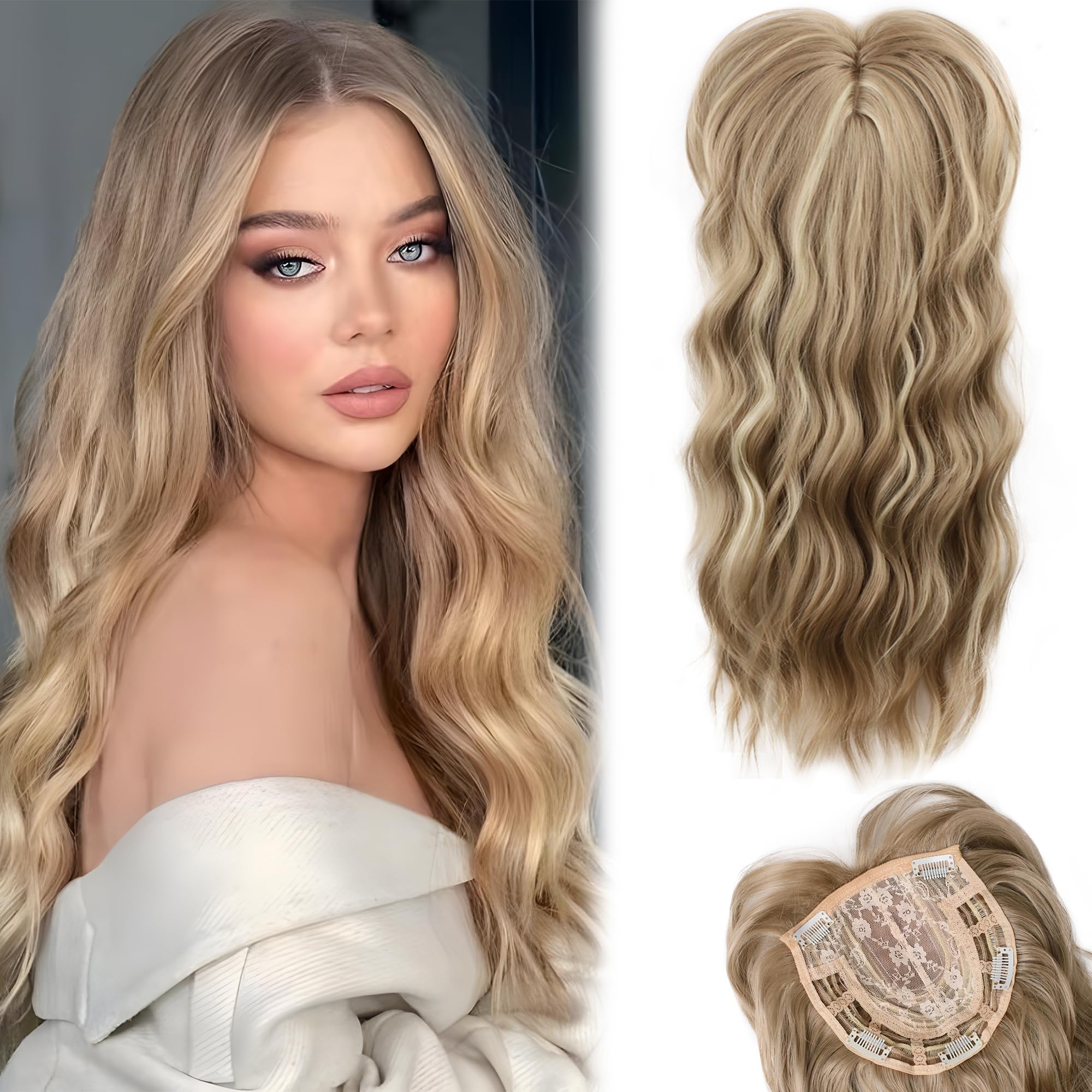 LEEONS Hair Toppers for Women, 20inch Dark Ash Blonde Mixed Bleach Blonde Wavy Hair Toppers for Women Toppers Hair Pieces for Women with Thinning Hair