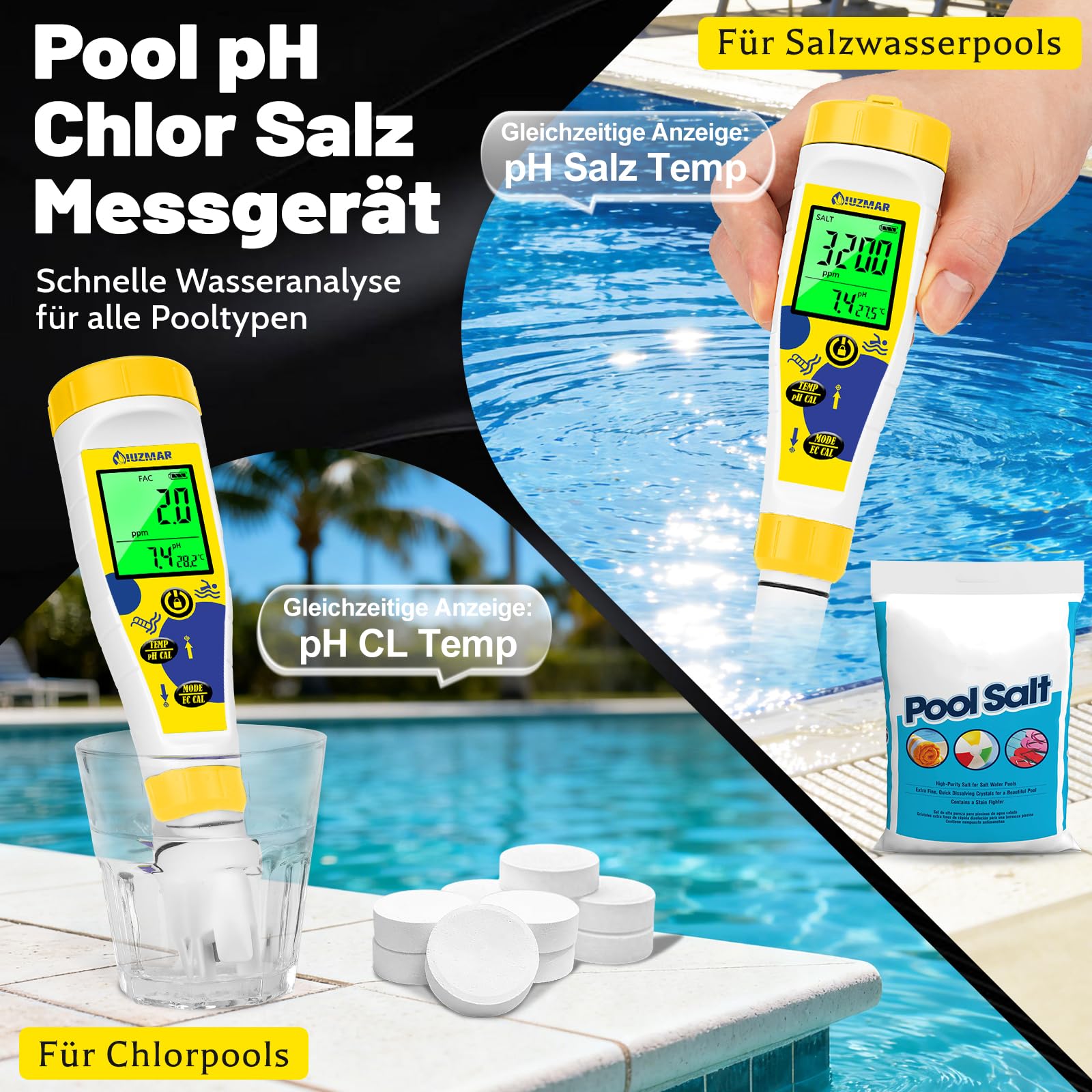 UIUZMAR pH Wert und Chlor Messgerät Pool, 7-in-1 pH Salzgehalt EC TDS ORP Messgerät für Hydroponik Aquarium