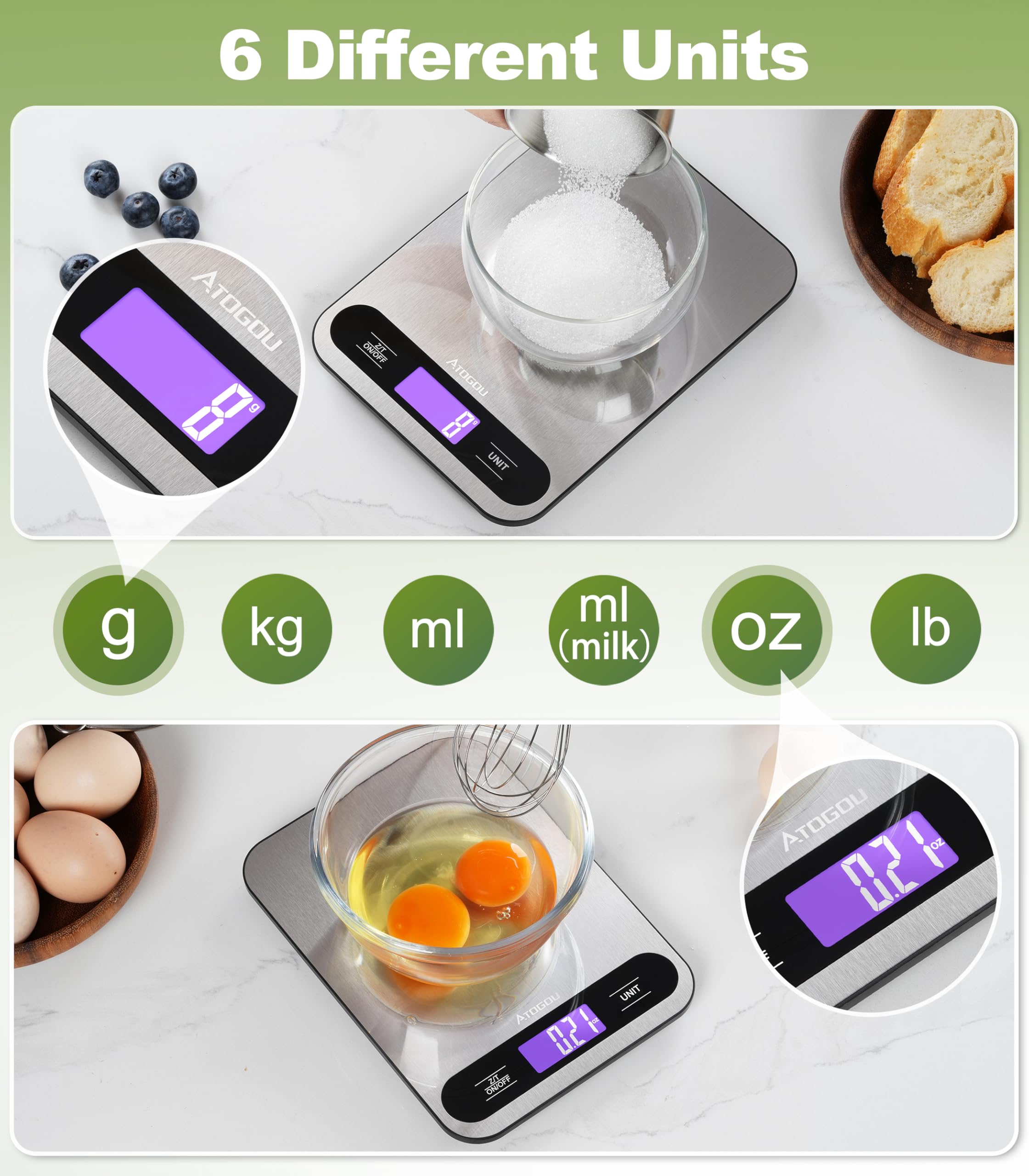 Atogou Báscula digital de cocina de 15 kg con pantalla LCD de visión completa | Superficie de acero inoxidable duradera, para cocinar, hornear, preparar comidas, color negro