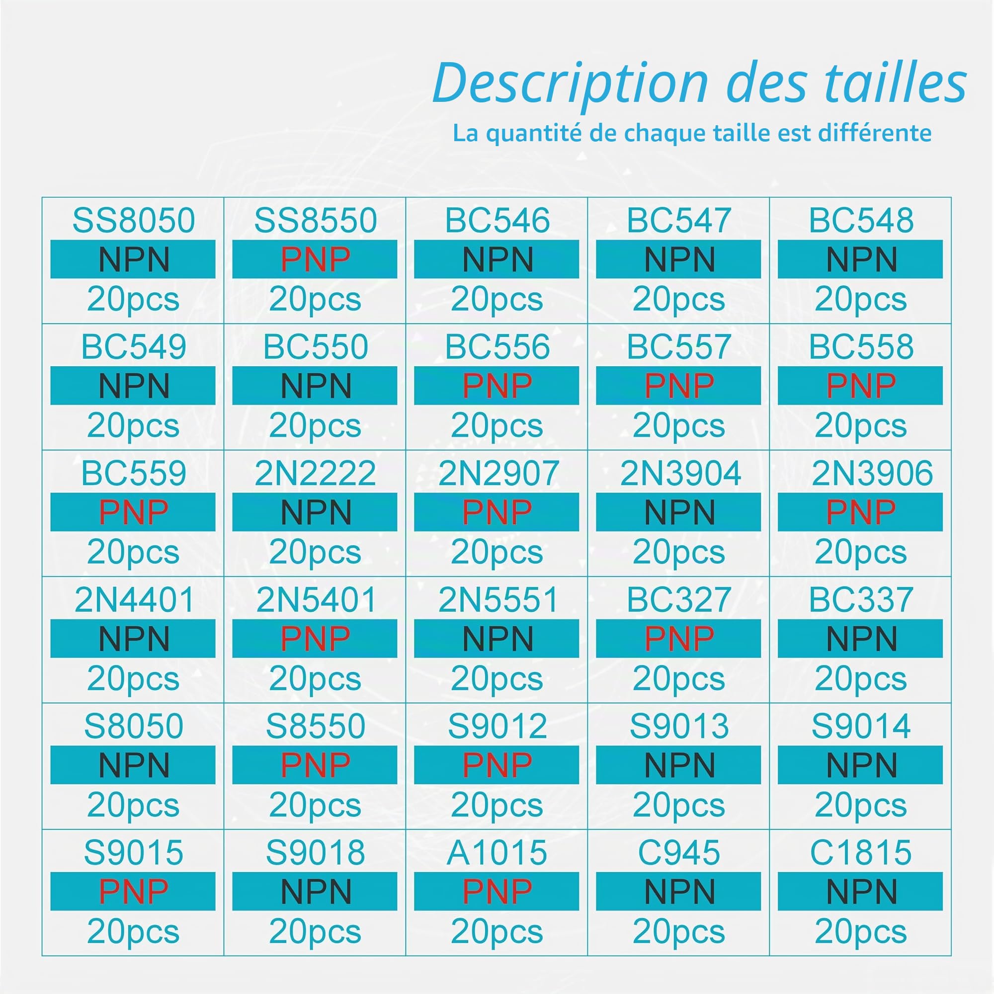 600 pièces Transistors PNP NPN SS8050 SS8550 BC546 BC547 BC548 BC549 BC550 BC556 BC557 BC558 BC559 2N2222 2N2907 2N2907 2N2N2907, Référence produit 3904 2N3906 2N4401 2N5401 (30 Valeurs)