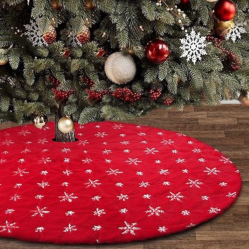 yuboo Falda roja para árbol de Navidad con copos de nieve plateados, falda de piel sintética de 48 pulgadas para decoración de Navidad y Año Nuevo