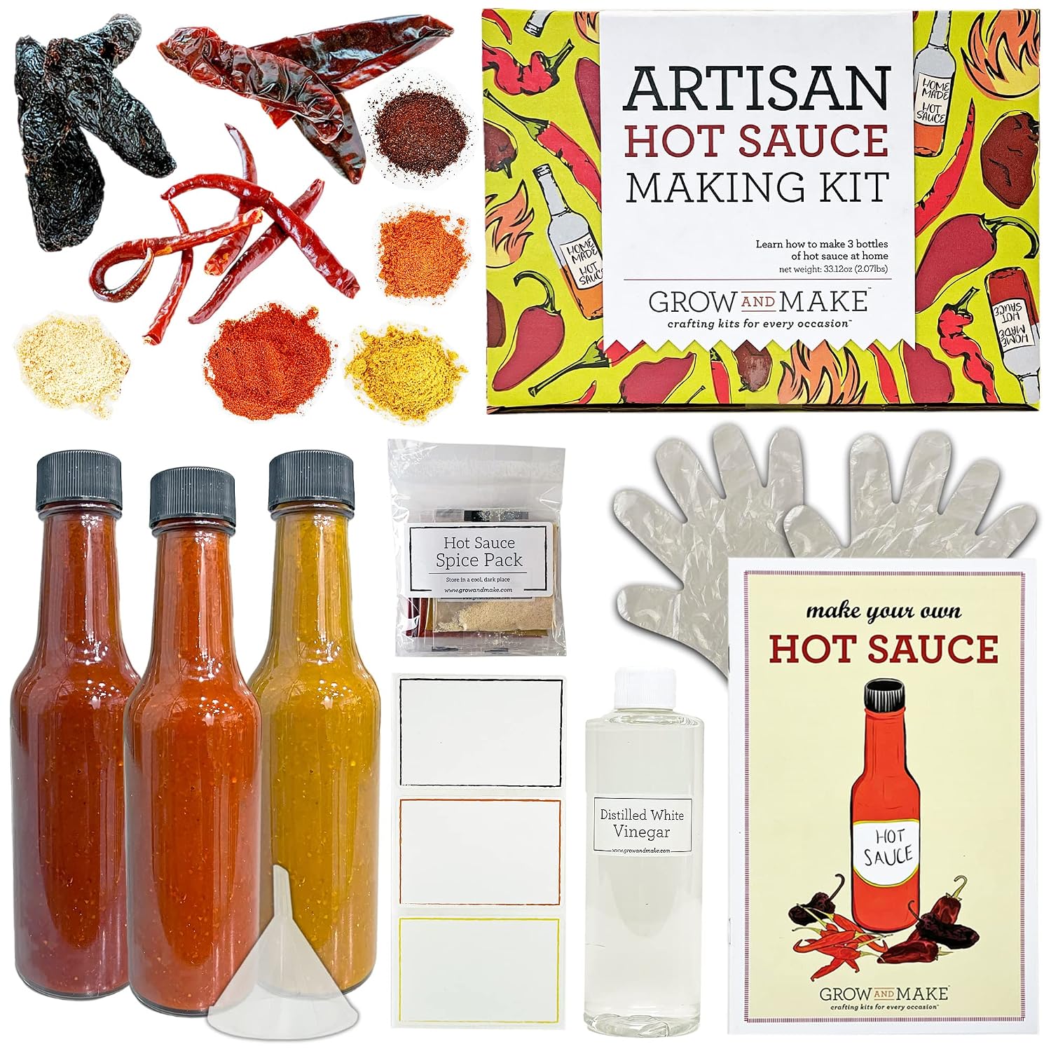 DIY ARTISAN HOT SAUCE MAKING KIT Everything Included | July 4th Grilling Sauce Best Gift For Dad, Husband, Friend, & Loved Ones| Make Your Own Gourmet Hot Sauce | Quality Ingredients Dried Hot & Spicy Peppers with 6 Unique Recipes, 3 Bottles