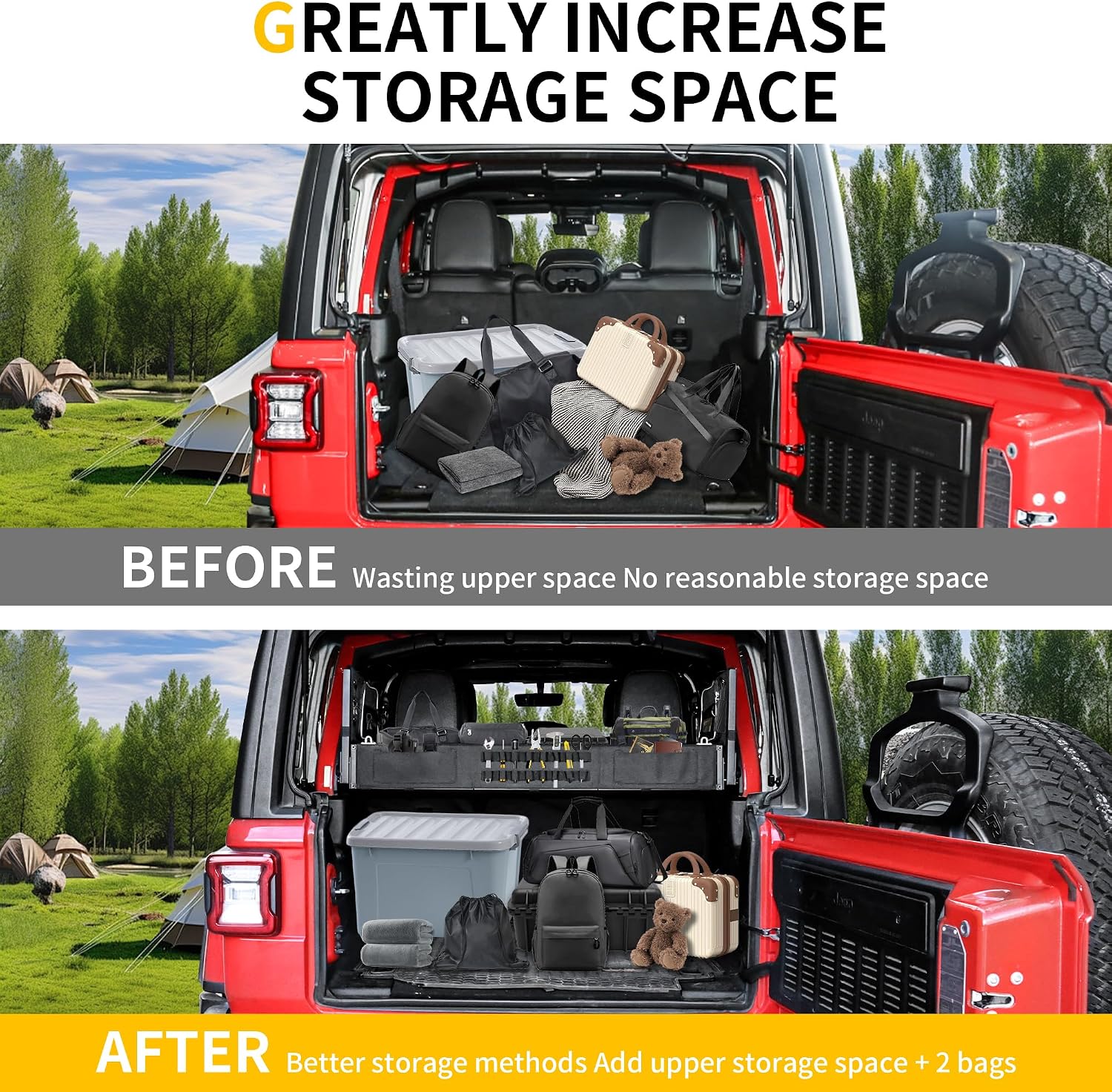 Trunk Organizer Cargo Rack for Jeep Wrangler JL 4-Door 4XE Hard-Top 2018-2026, Interior Rear Luggage Shelf Storage Basket for Camping Trip, 150 LBS, Foldable with Bags, Steel and Oxford