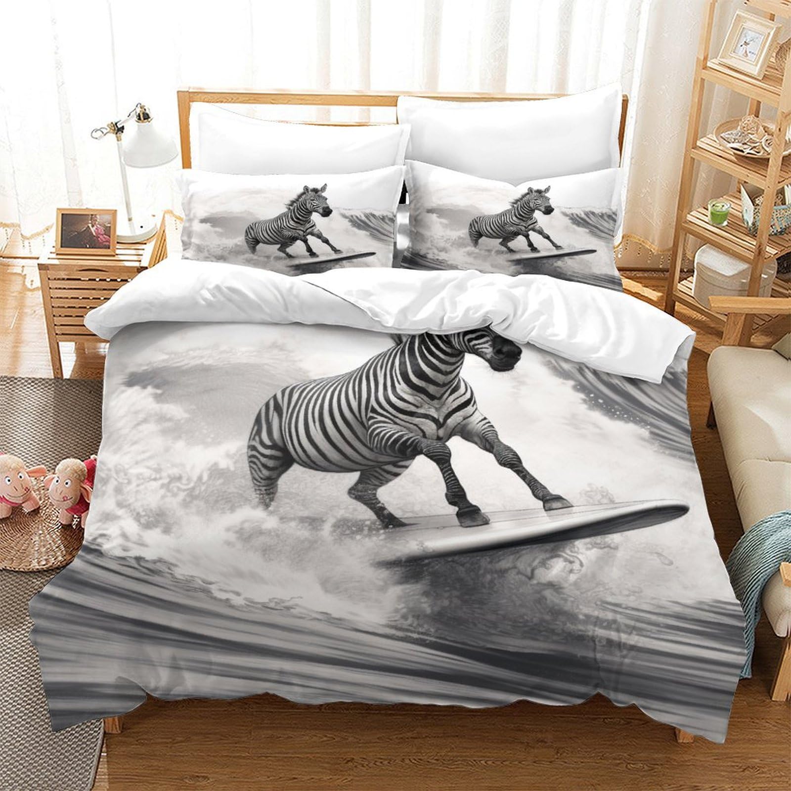 P1S9U7W5Y Monochrome Zebra Animal Print 3D Printed Duvet Cover Set 3 Pieces Microfiber Wildlife Bedding Set for Adults Teens Bedroom Decor Soft Breathable King（220x240cm）