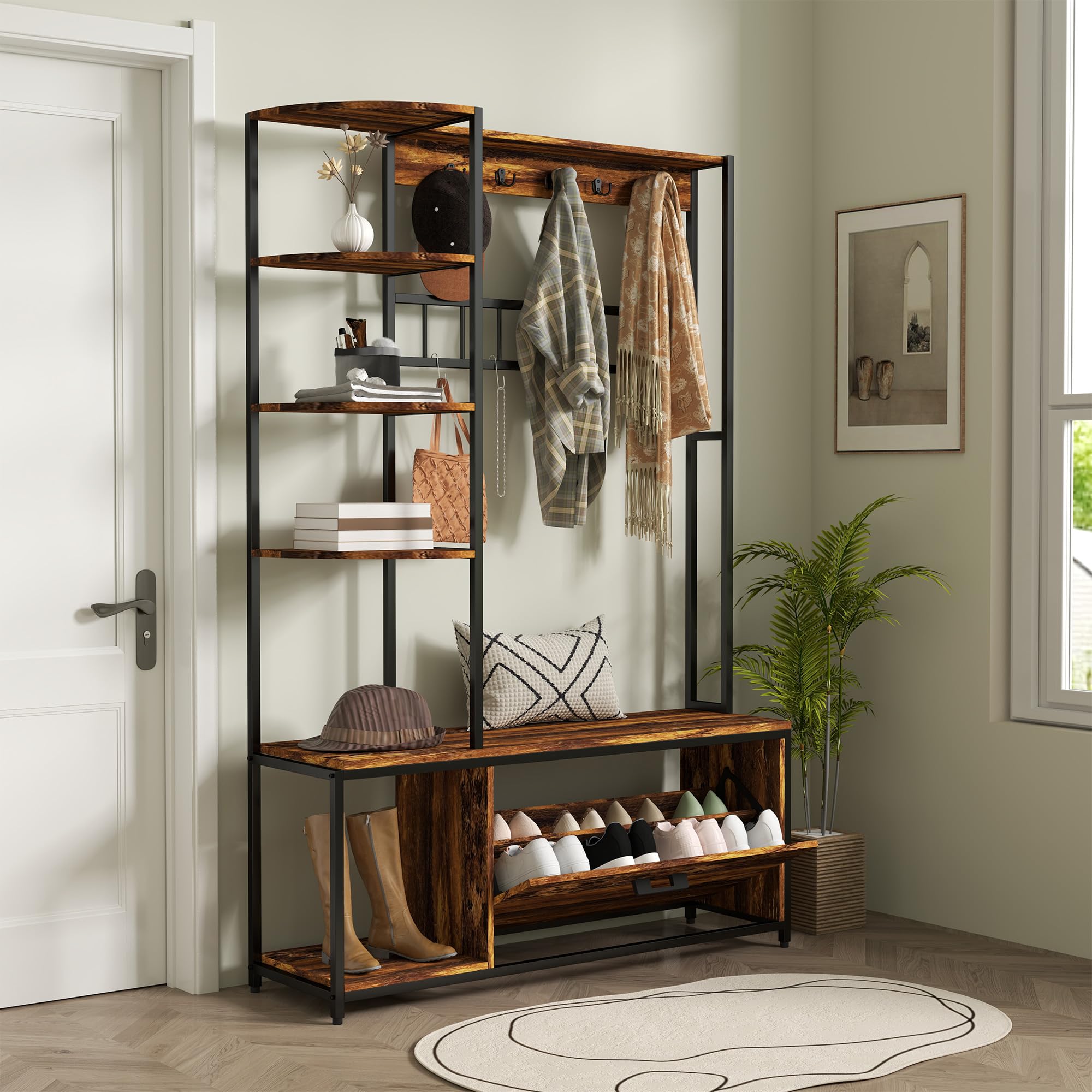 HOMCOM Perchero Zapatero Perchero Entrada Recibidor 4 en 1 con Banco Zapatero de 2 Pisos Estantes Ganchos Compartimento y Sistema Anti-vuelco para Pasillo Dormitorio 120x35x180 cm Marrón Oscuro