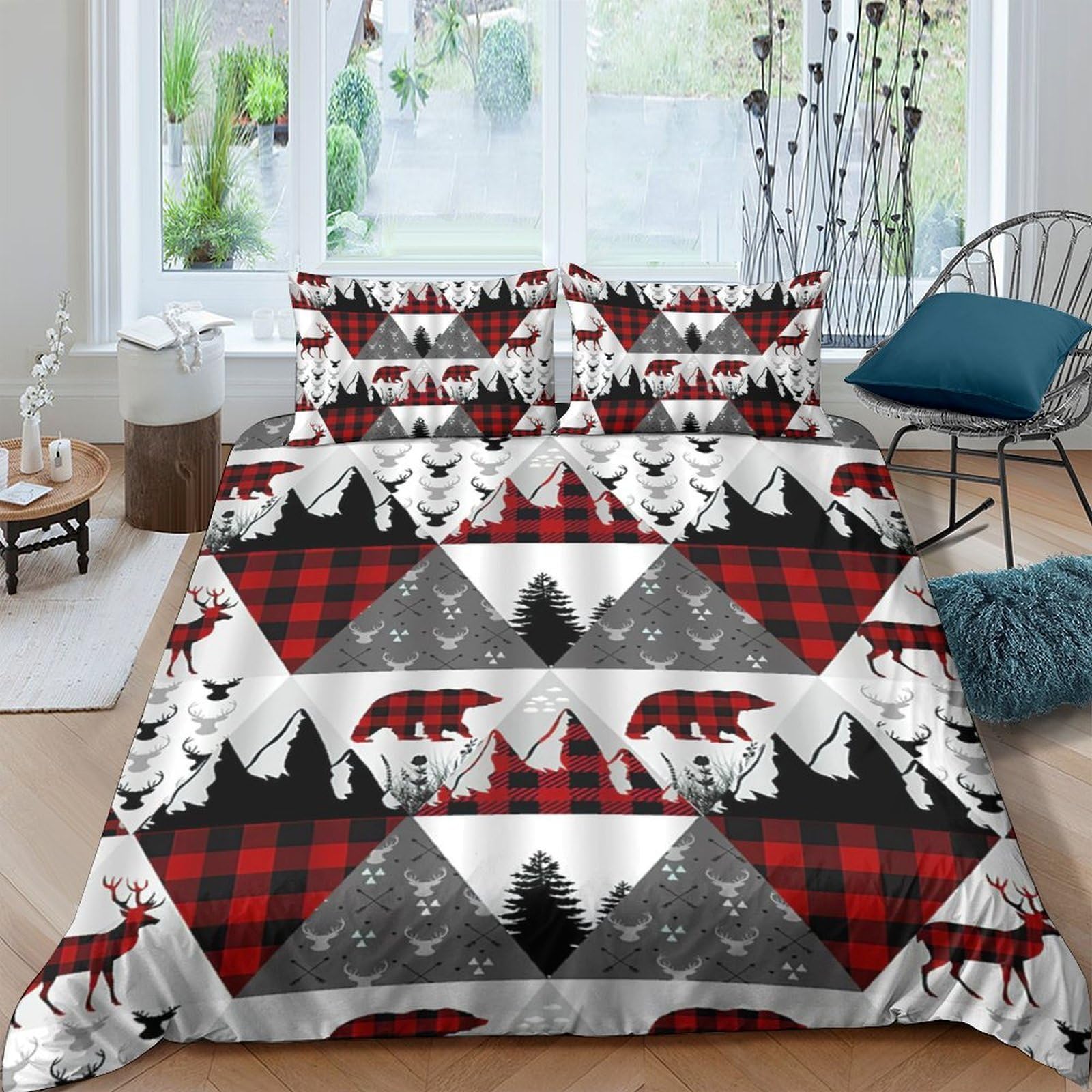Ctjqhvkz Style-7 3D Printed Buffalo Plaid Bear Fitted Sheet Microfiber Red Black Forest Mattress Cover Bedroom Dorm Decor Single（135X200cm）