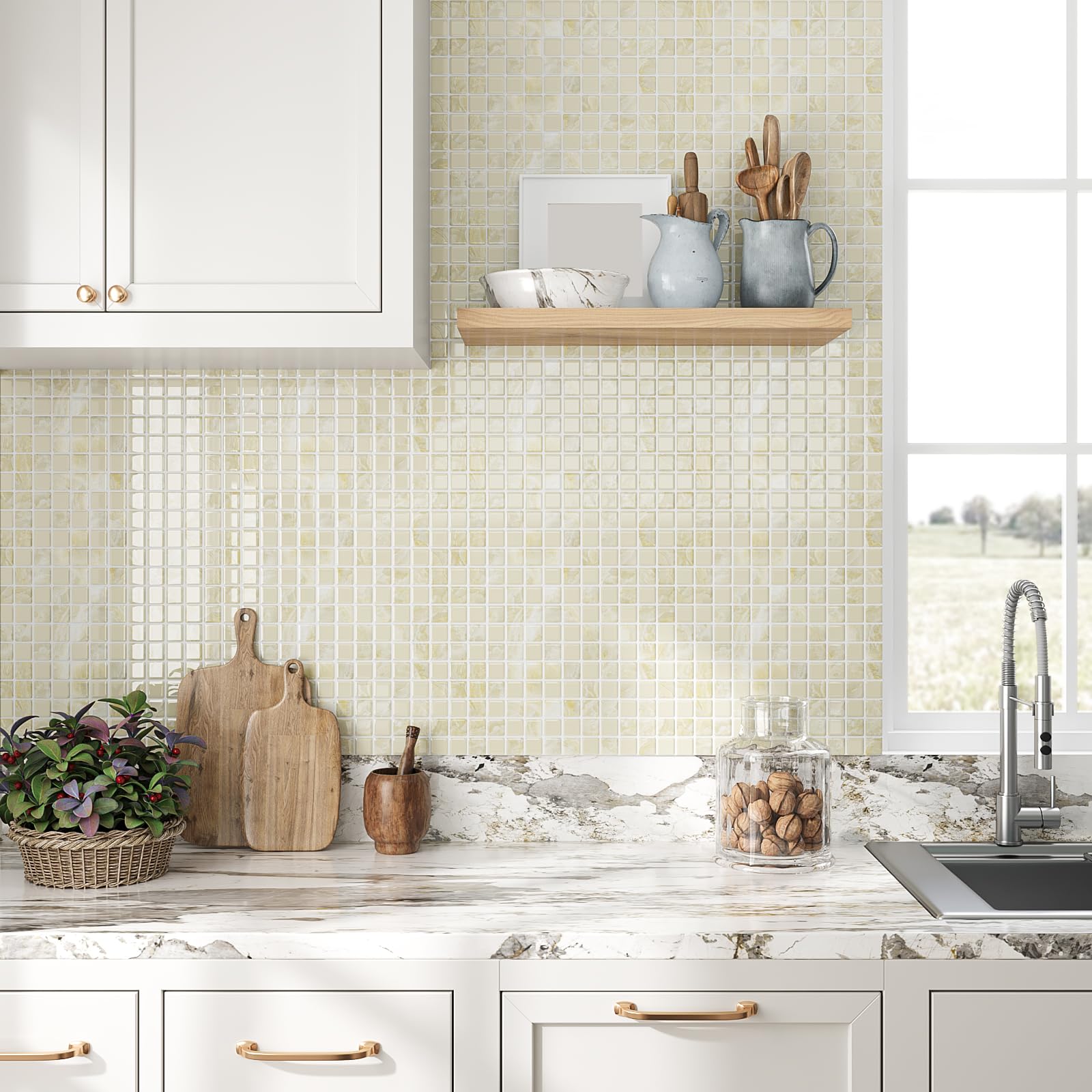 VEELIKE 12 fogli di piastrelle color crema beige con mosaico per paraschizzi e paraschizzi, per cucina e bagno, impermeabili, adatte per affittuari, paraschizzi, paraschizzi, per pareti della cucina,