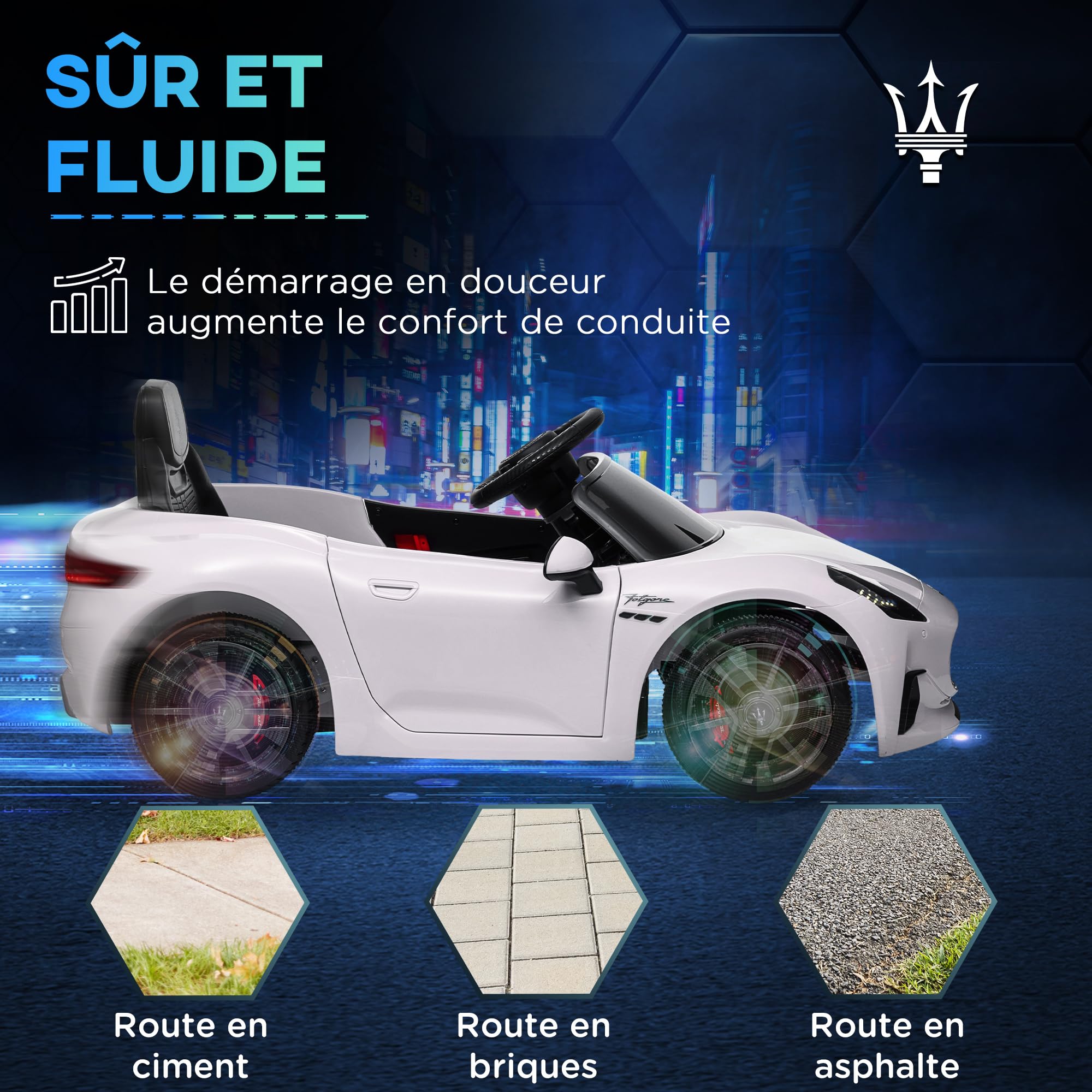 AIYAPLAY Voiture électrique Enfants sous Licence Maserati Gran Turismo Folgore, véhicule électrique 12V avec télécommande 2,4G, phares LED, Musique, klaxon, MP3, Voiture pour Enfants 3 à 5 Ans, Blanc