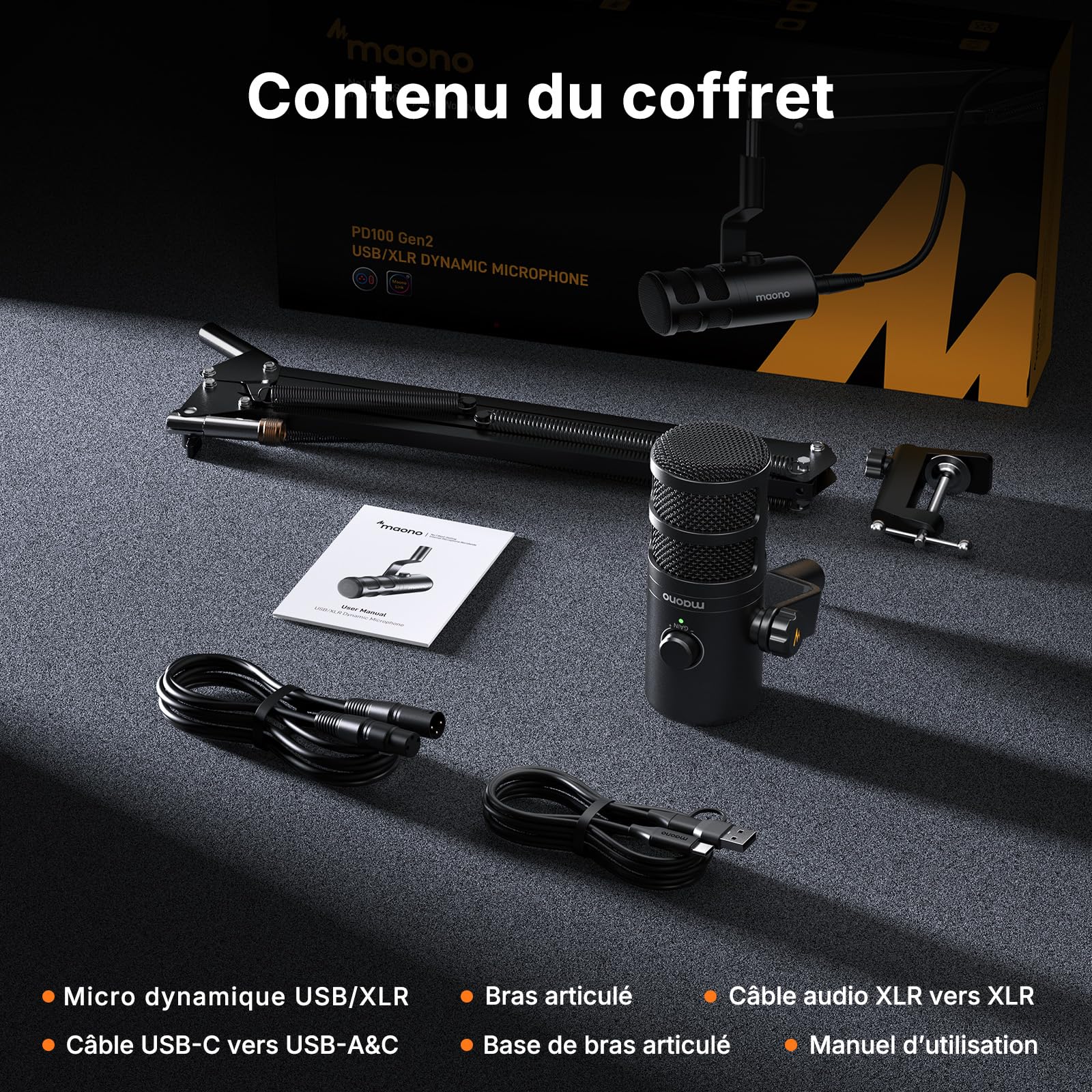 MAONO PD100 Gen2S Micro Dynamique USB/XLR, Audio 192 kHz/24 Bits, Structure Métallique, Bouton Mute, Kit Complet avec Câbles USB et XLR, pour Podcast, Streaming, Gaming et PC
