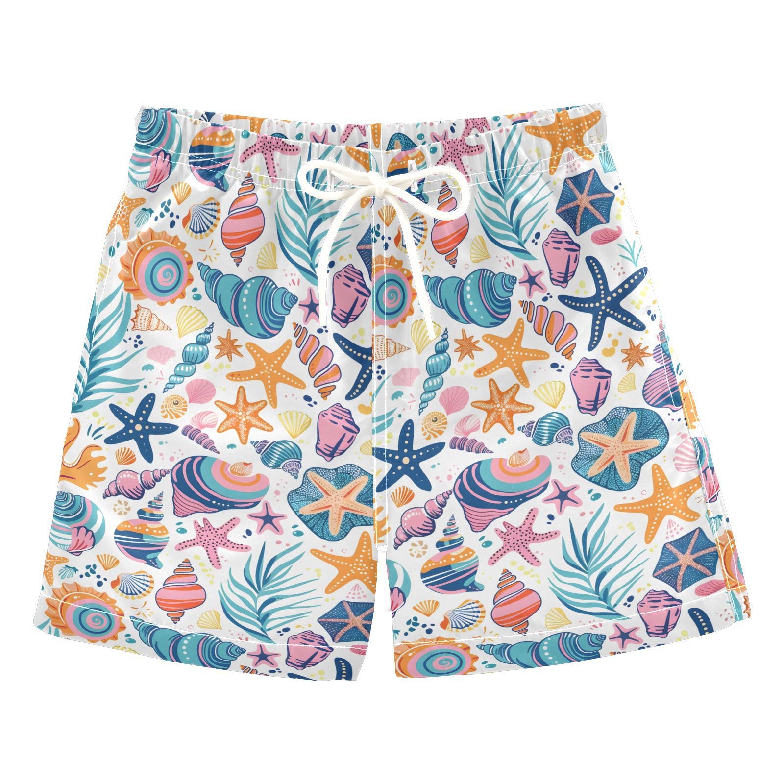 ALAZA Summer Shell Palm Leaves Starfish Cartoon Boys Quick Dry Beach Board Shorts Kids Swim Trunks Bathing Suit Swimsuit 4T