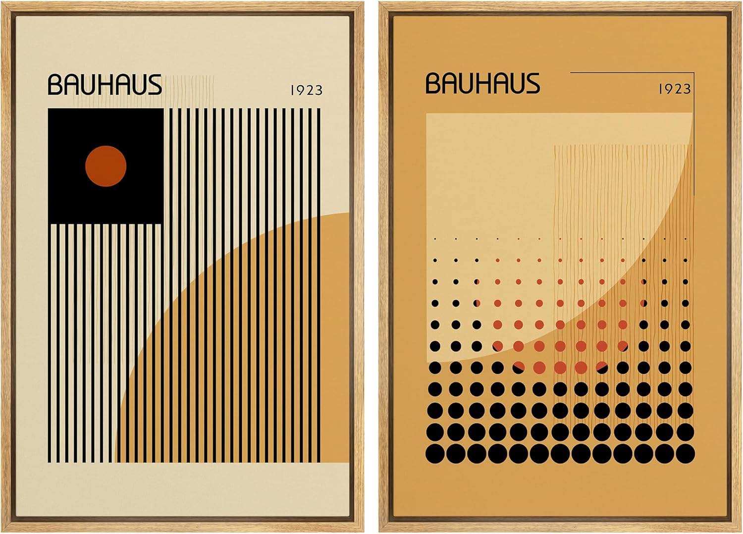 IDEA4WALL Lienzo enmarcado para pared, juego de arte Bauhaus dorado de mediados de siglo, patrón de cuadrícula moderna, ilustraciones con formas