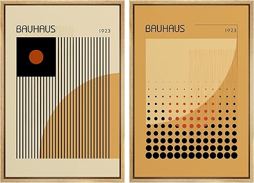 IDEA4WALL Lienzo enmarcado para pared, juego de arte Bauhaus dorado de mediados de siglo, patrón de cuadrícula moderna, ilustraciones con formas