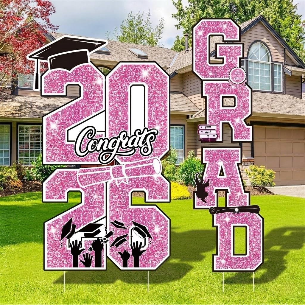 Photo 1 of Graduation Yard Sign Class of 2026 Decorations, 4pcs Pink and White Glittering Congrats Grad 2026 Lawn Yard Sign with Stakes for Girl High School College Indoor Outdoor Graduation Party Decor Supplies