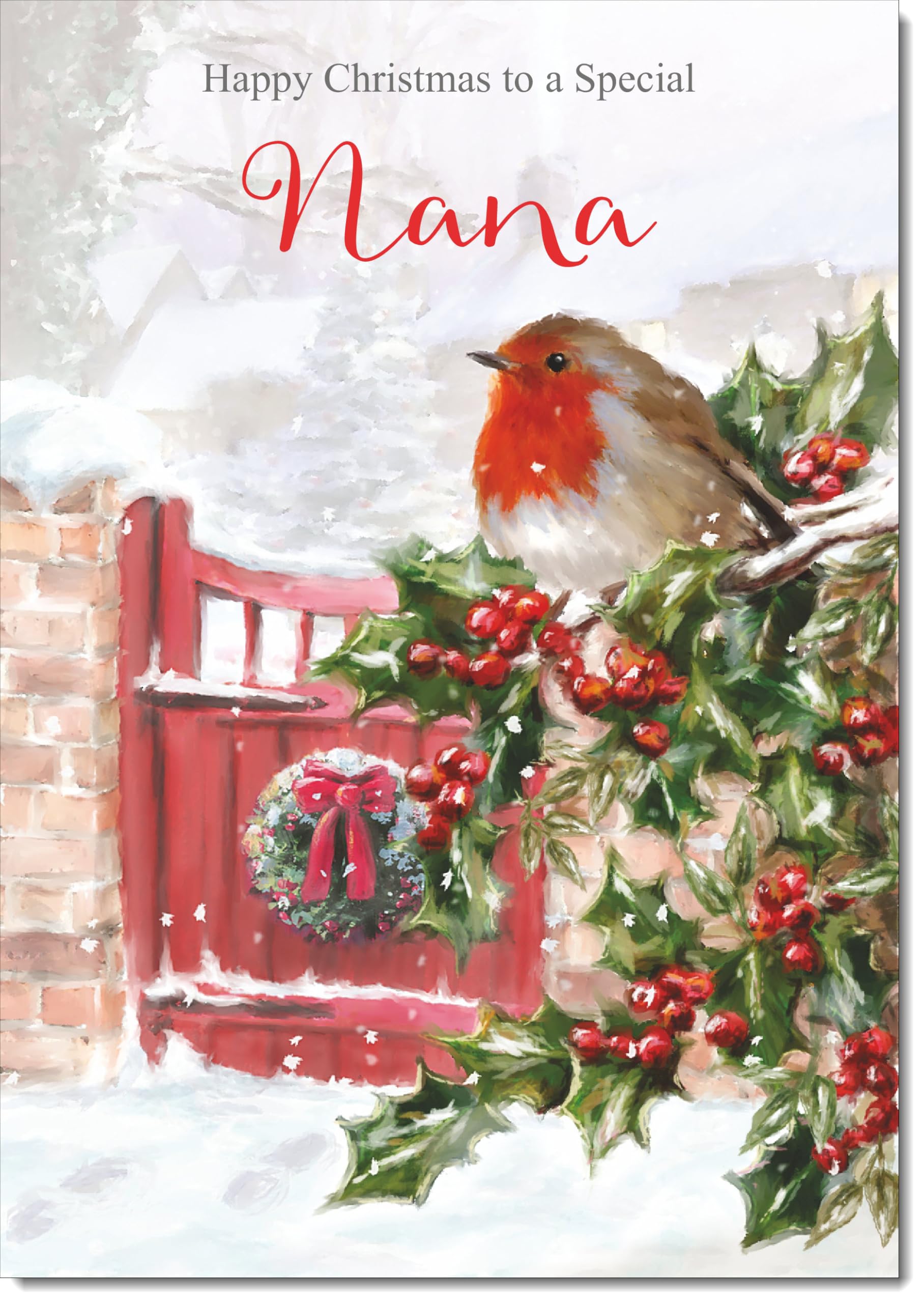 doodlecards Nana Christmas Card Robin on Holly Tree Large A4 Size Christmas Card for Nana with Plain Envelope