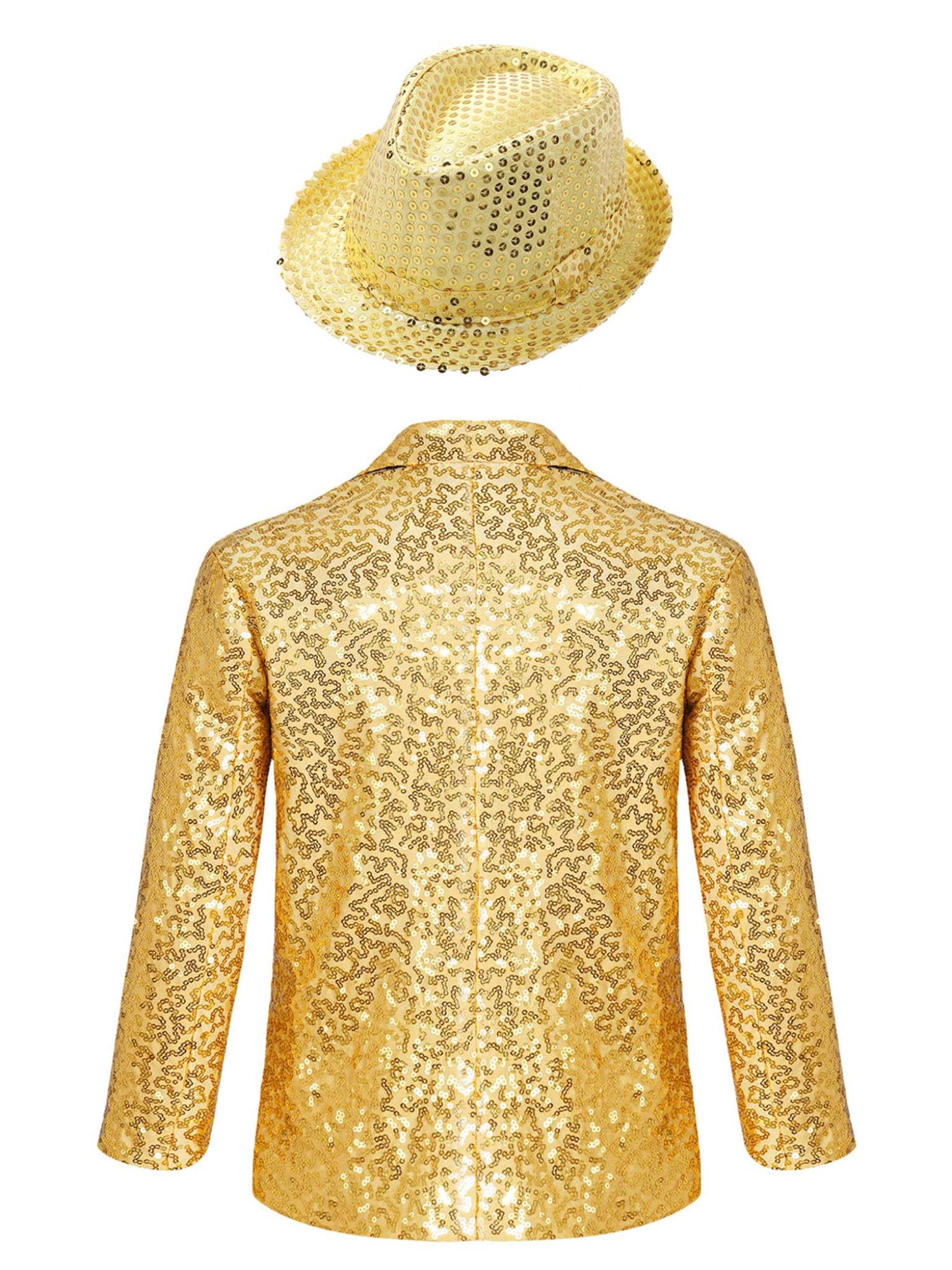 Runhomal - Chaqueta de lentejuelas para niño, manga larga y sombrero de baile moderno, Jazz Hip Hop Lentejuelas, traje de boda, cóctel ceremonia espectáculo