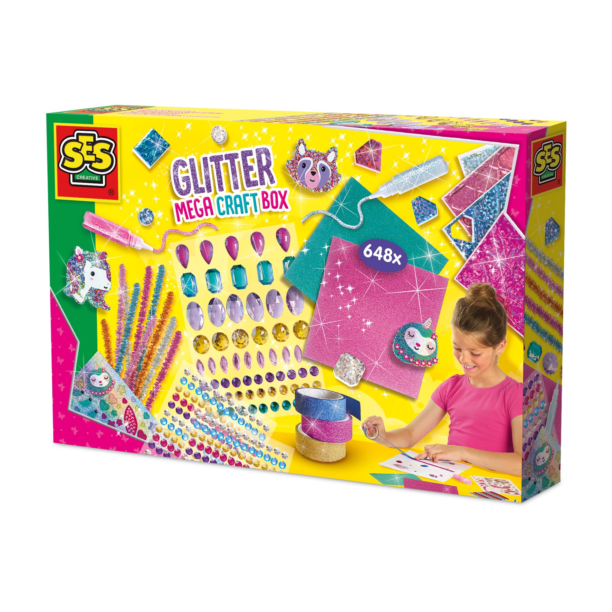 SES Creative 14139 Glitter Mega Craft Box - Creative Craft Kit for Kids Aged 5+ - Includes 65 XL Diamond Stickers, 360 Round Diamond Stickers