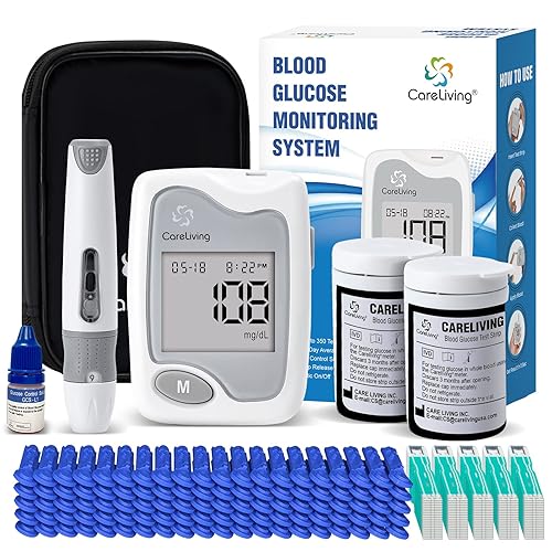 Careliving Kit de monitor de glucosa en sangre 100 tiras de prueba 100 lancetas 1 medidor de glucosa en sangre 1 dispositivo de punción kit de