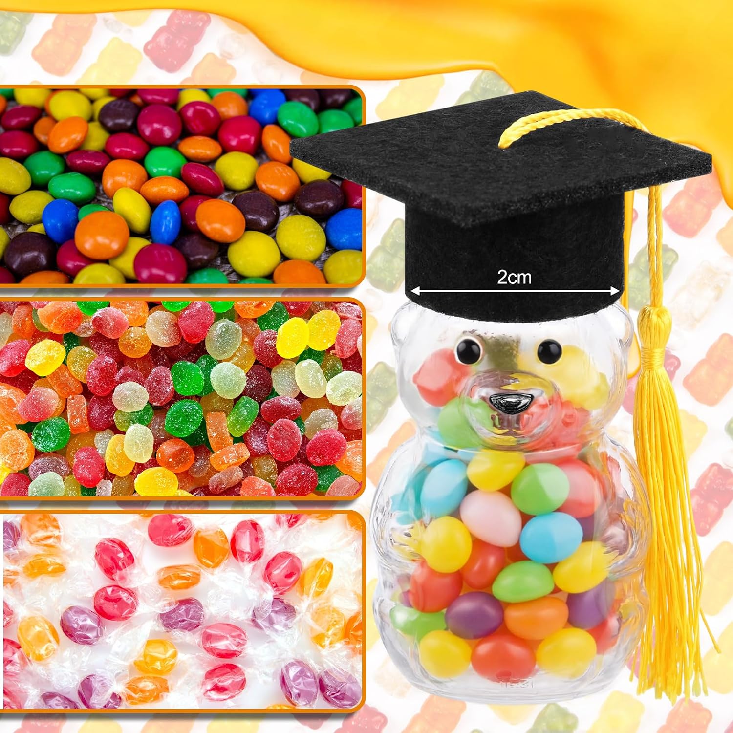 60 Set Graduation Cap Bear Jars Graduation Candy Boxes Containers Plastic Clear Bear Jars with Black Grad Cap and Tassel Grad Gifts Bulk for Party Favors Decorations (60 ml,Black Eyes)