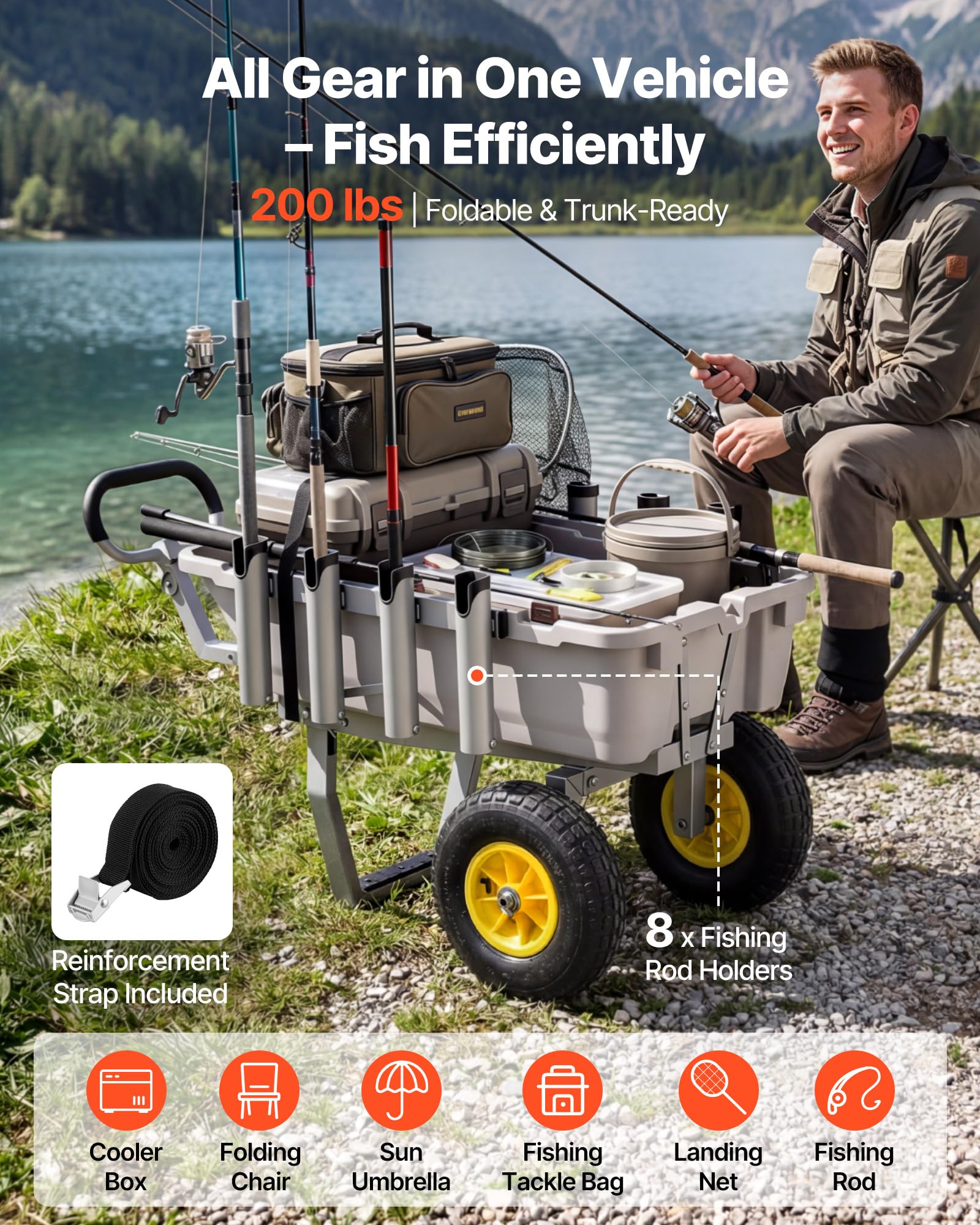 VEVOR Carrello Pesca Spiaggia 90,7 kg Alluminio Ruote 330 mm 8 Portacanne