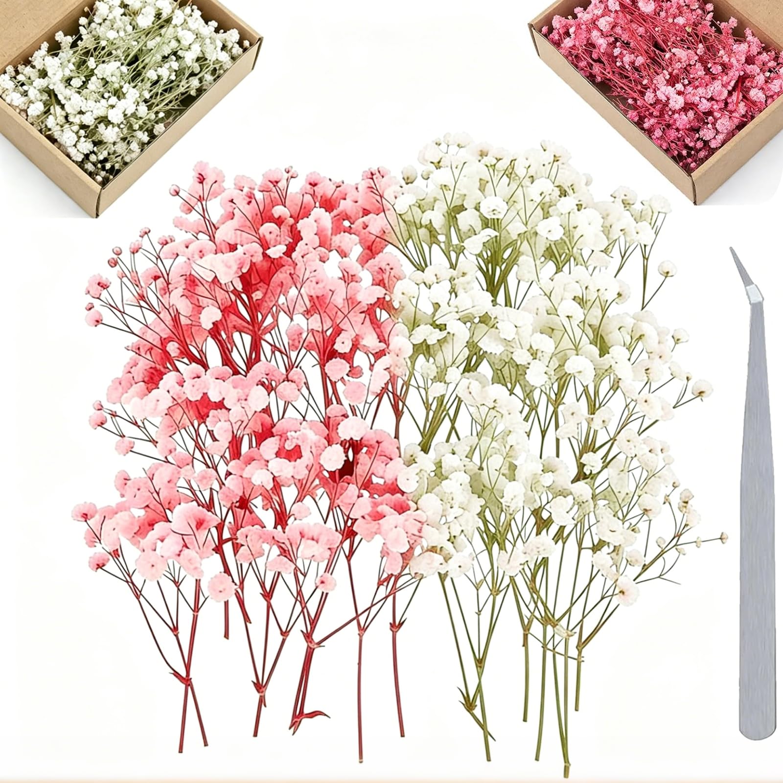 101 Pcs Gypsophila Flowers for Crafts Set, 1 Tweezers and (50 White+50 Pink) Dried Gypsophila Flowers , DIY Resin Art Projects, Wedding Bouquets and Home Decor, Artificial Baby-Breath-Flowers, 6-13 cm