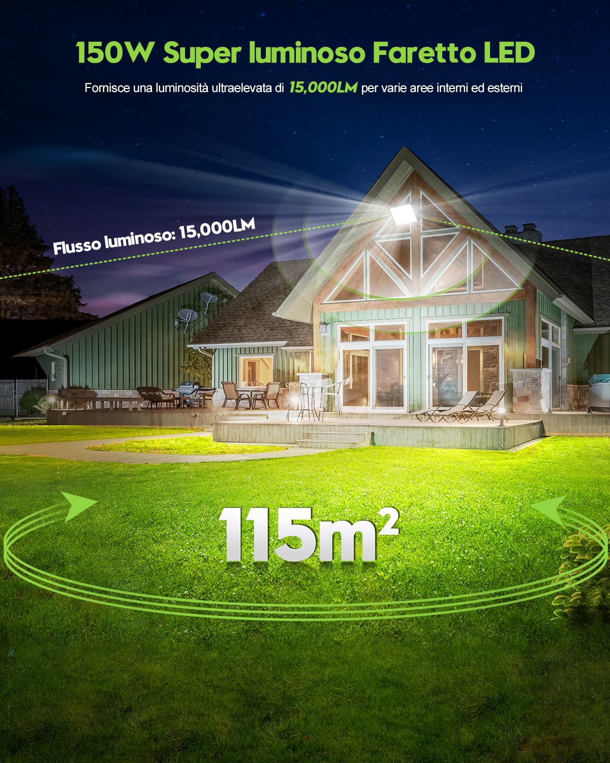 Sararoom 150W Faretto Led Esterno, 15000LM Faro Proiettori per esterni, 6500K Bianca Fredda Luci di Sicurezza, IP65 Impermeabile Lampade da parete per Giardino Garage Cortile Stadio Sentieri, 2 Pezzi