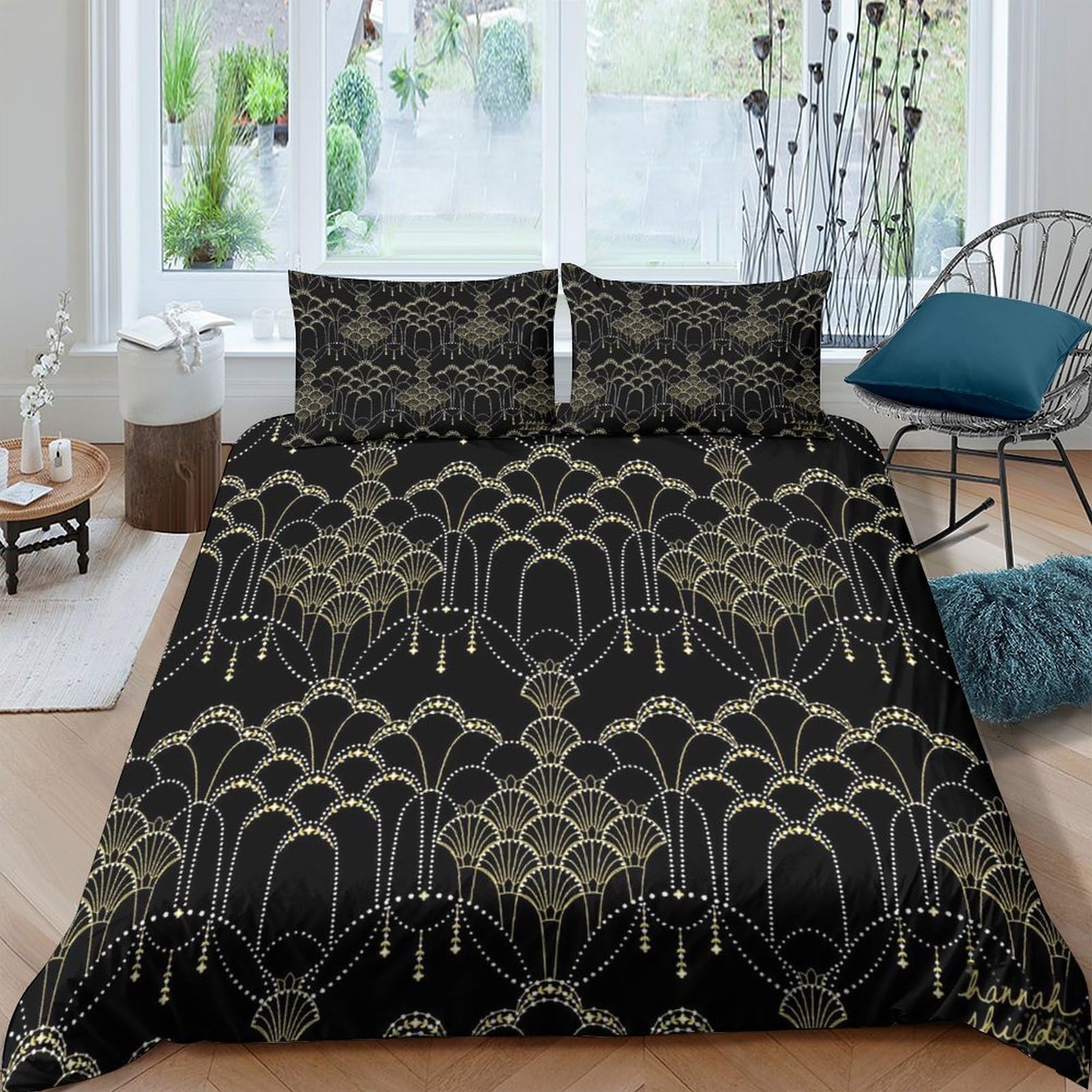Ctjqhvkz Style-8 3D Printed Art Deco Pattern Fitted Sheet Microfiber Black Gold Geometric Bed Cover For Bedroom Dorm Mattress Protection Single（135X200cm）